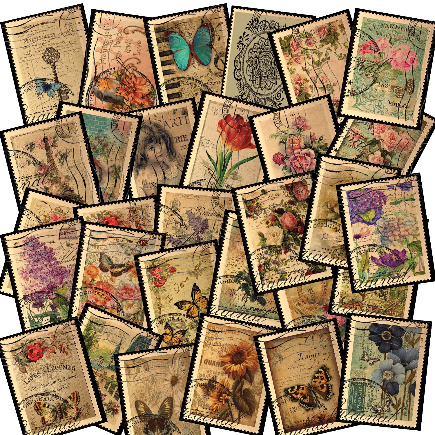 Creatie 30Pcs Vintage Postage Stamp Stickers with Vintage Postmarks, Retro Rustic Theme, Scrapbook Stickers Pack, Floral, Girls, Victorian Theme, Bullet Junk Journal Supplies, Craft Making ,Paper