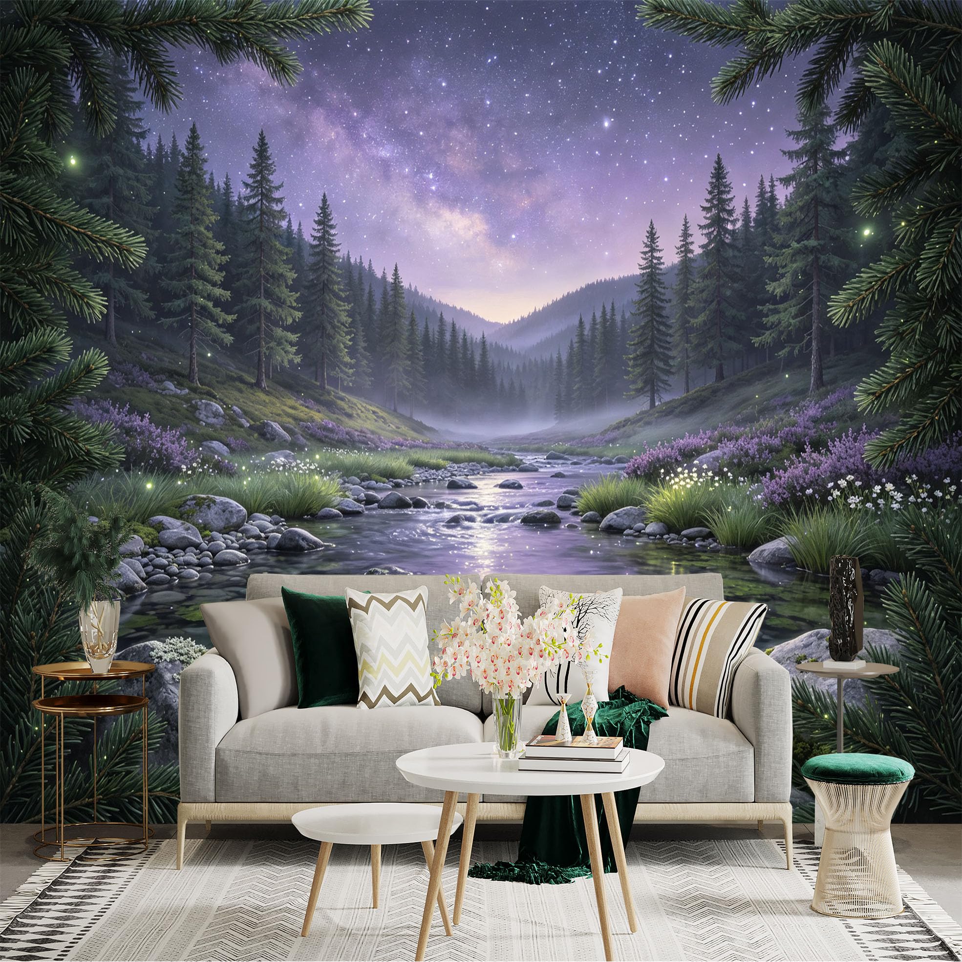 Lnzczhyre Bh260719002 Custom Size Wall Sticker Mural， Milky Way Over River， Coniferous Forest， Floral Landscape， Fireflies In Twilight， For Wall Decoration， Peelandstick Wall Decals.