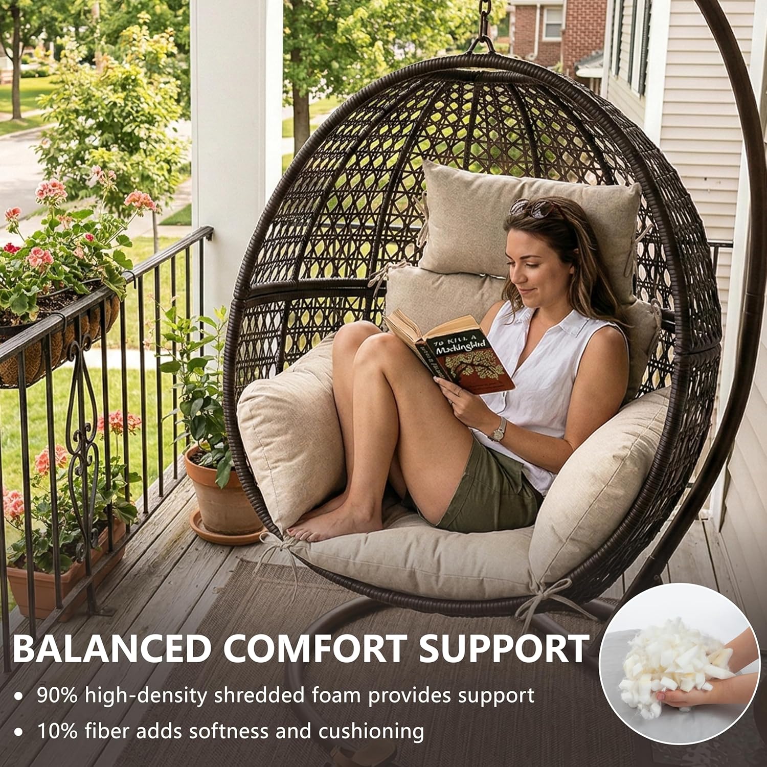Egg Chair Cushion with 8 Securing Straps, Water-Repellent & Fade-Resistant Faux Linen, Removable Cover, Replacement Cushion for Most Single Outdoor Hanging Swing Egg Chairs – Beige