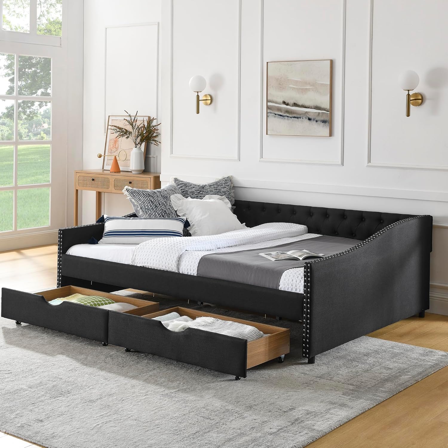 Linuque Upholstered Queen Size Daybed with 2 Storage Drawers, Solid Wood Sofa Bed Frame with Button Tufted Backrest and Waved Shape Armrests with Copper Nail, Black