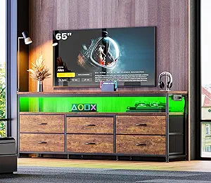 Huuger 63 Inch TV Stand for 55, 65, 70 Inch TV, Long Dresser TV Stand for Bedroom, LED TV Stand with Power Outlets, Rustic Fabric Drawer Dresser with Storage, Entertainment Center for Living Room