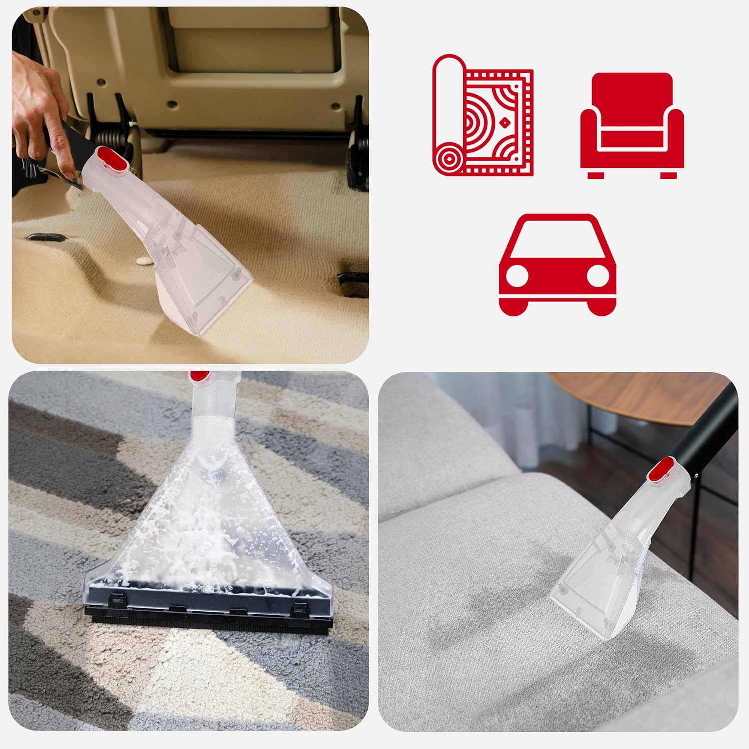 Images showing the cleaner used on car interior, carpet, and sofa