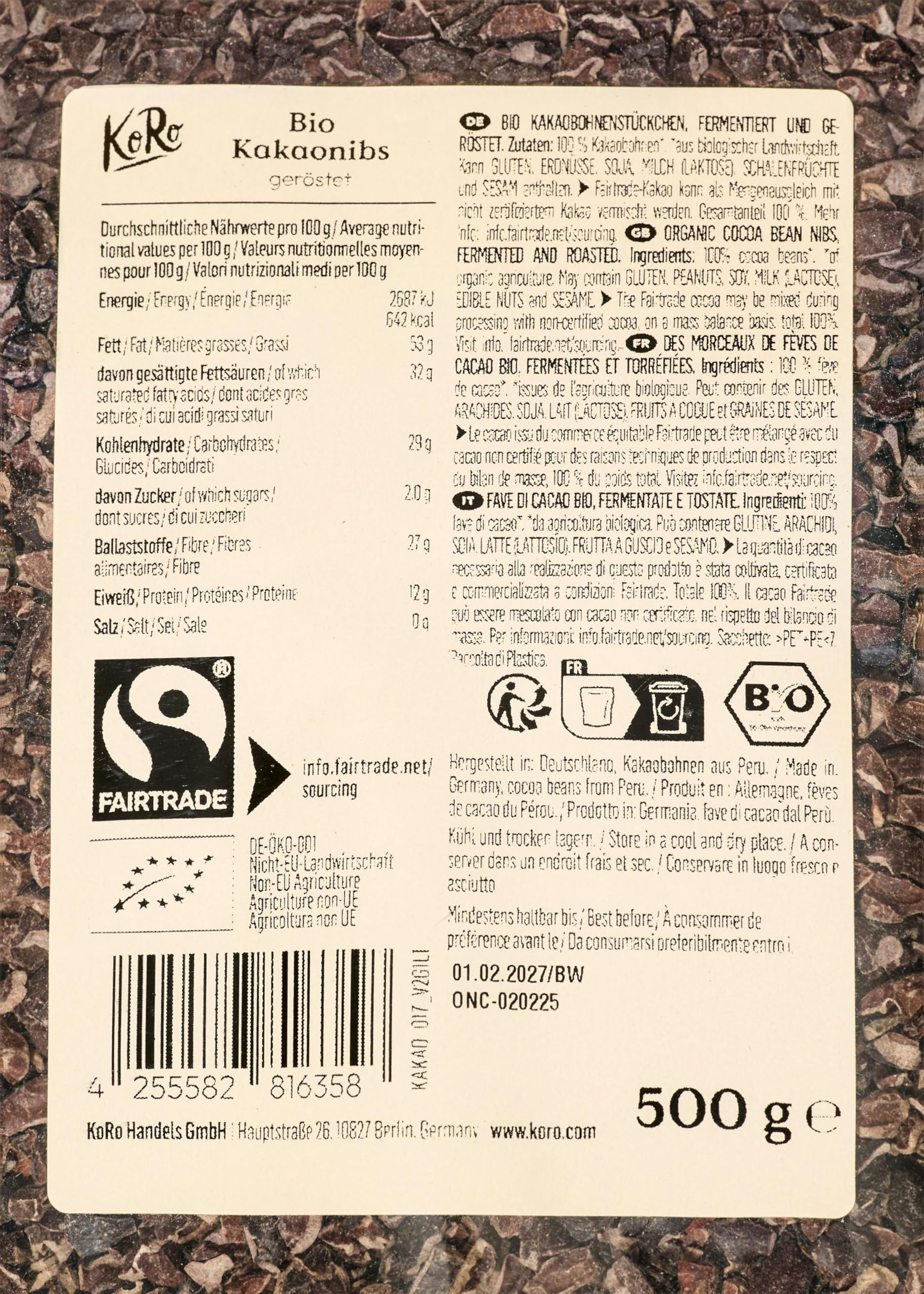 KoRo - Grués de cacao Fairtrade bio 500 g - Fèves décortiquées et torréfiées - Goût chocolaté - Riche en fibres