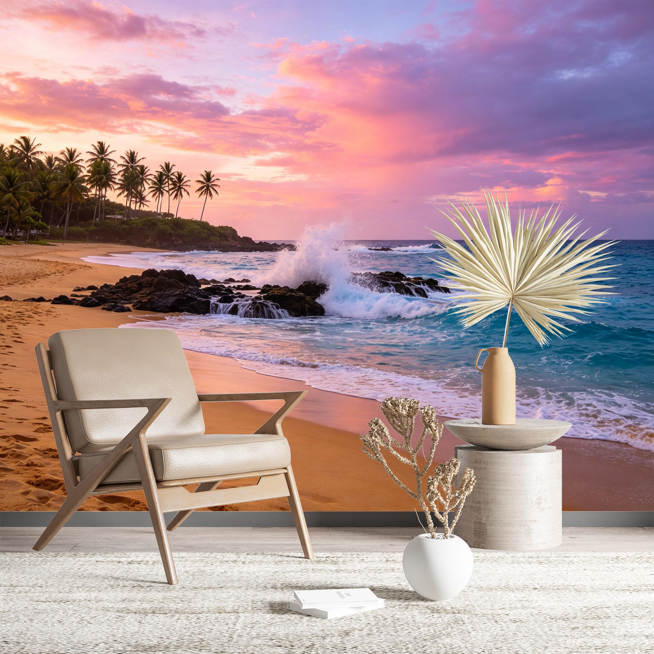 Custom Size Wall Murals Tropical Beach at Sunset with Palm Trees Large Photo Wallpaper Self-Adhesive Wall Fabric (NO PVC) Removable Wallpaper for Living Room