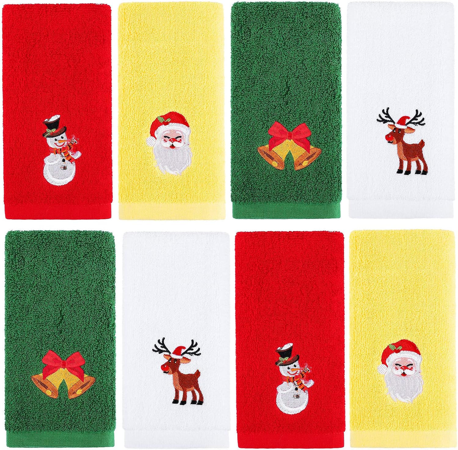 Aneco 8 Pack Christmas Hand Towels 12 x 18 Inches 100% Pure Cotton Washcloths Towels Christmas Pattern Design Christmas Towels Gift Set, Bathroom Decorative Dish Towels Set (Red, White, Yellow, Green)