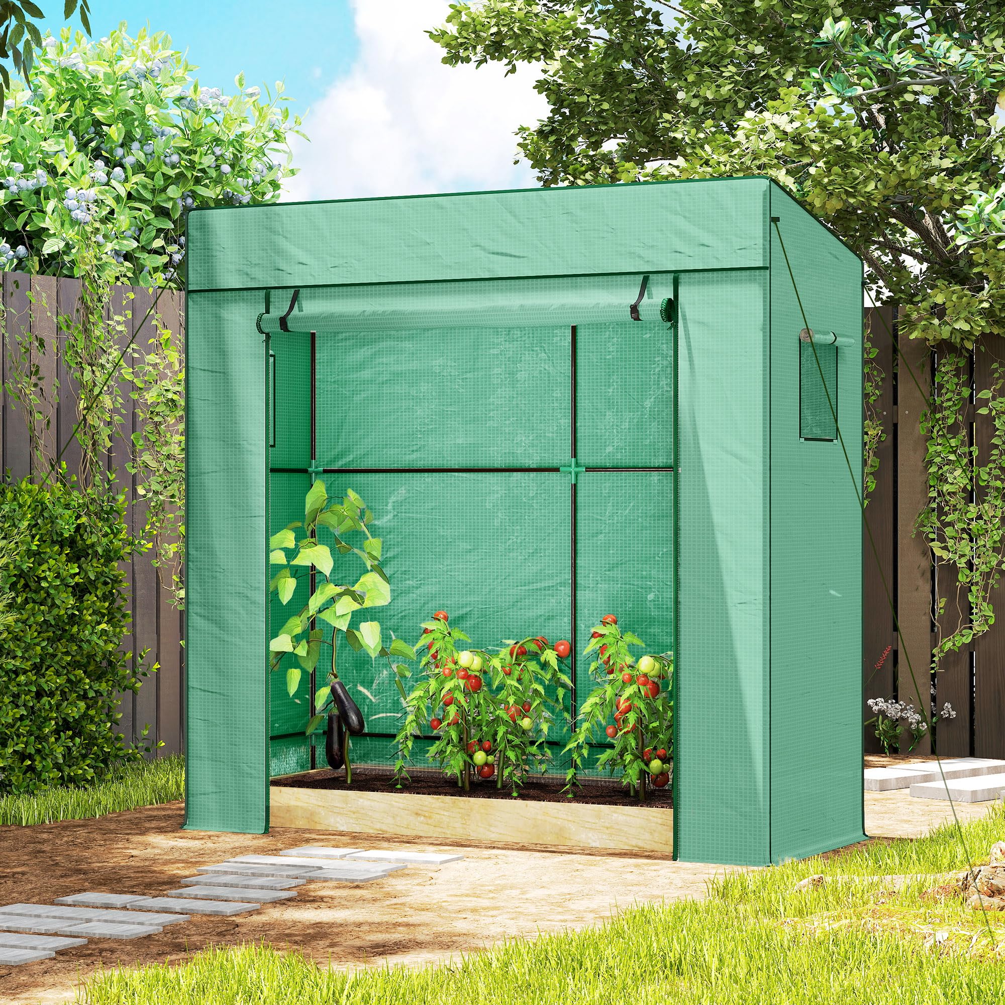 Outsunny Tomatengewächshaus Foliengewächshaus mit Rolltor Netzfenster Schrägdach 196 x 77 x 197 cm Stabil Gewächshaus mit PE-Folie Erdhaken Tomatenhaus Treibhaus für Garten, Balkon, Terrasse Grün