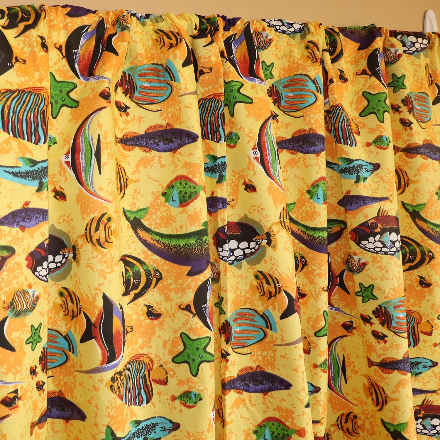 Zen Creative Designs Under The Sea Fish Aquarium Print Cotton Curtain Panel Window Treatment Backdrop Photography Kids Bedroom Kitchen Living Room Window Decor (58" Wide x 108" Long, Yellow)