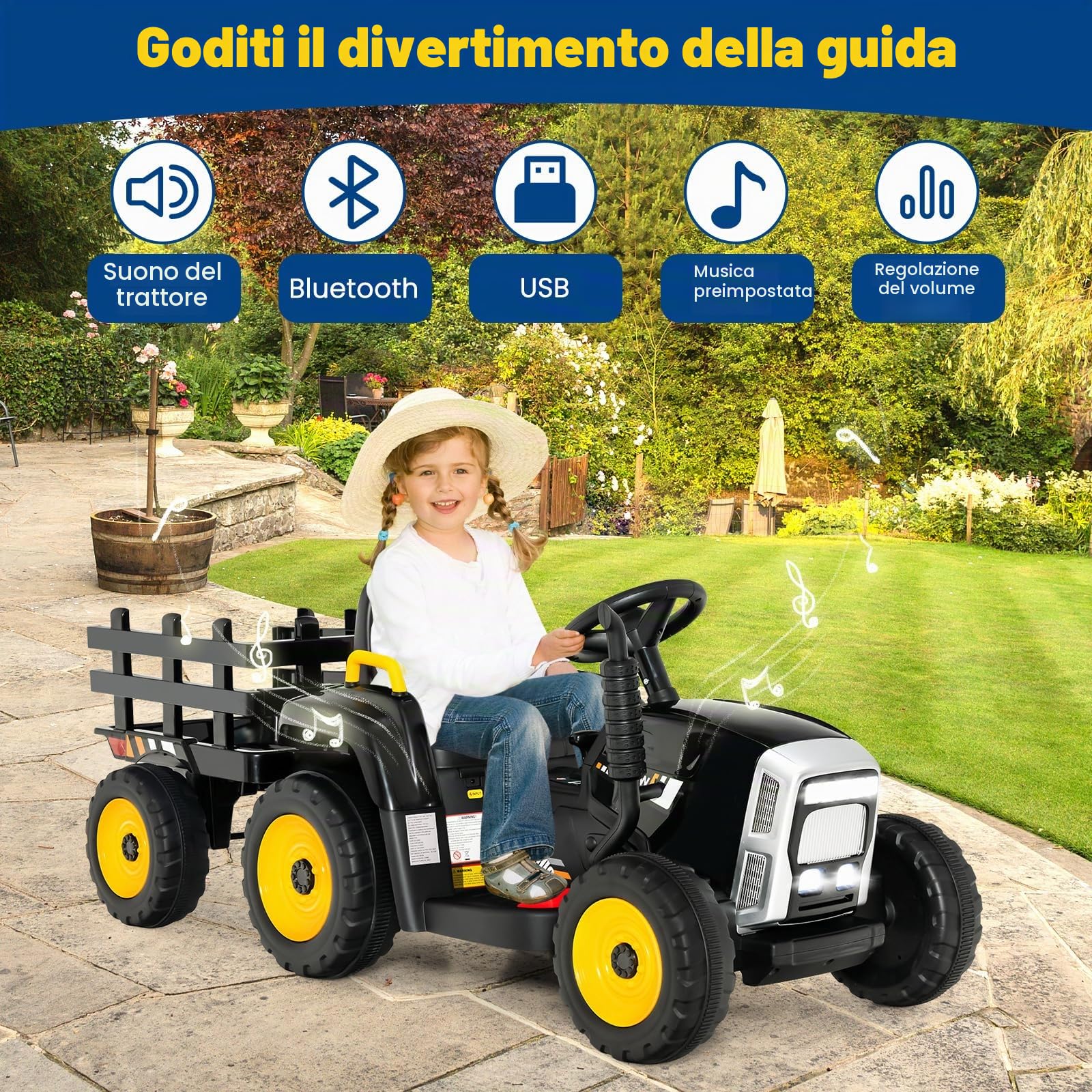 RELAX4LIFE Trattore Macchina Elettrica per Bambini 12V a 3 Marce con Rimorchio Staccabile e Telecomando 2,4G, Luci LED, Musica, Clacson e Funzione USB, per Bambini 3-8 Anni