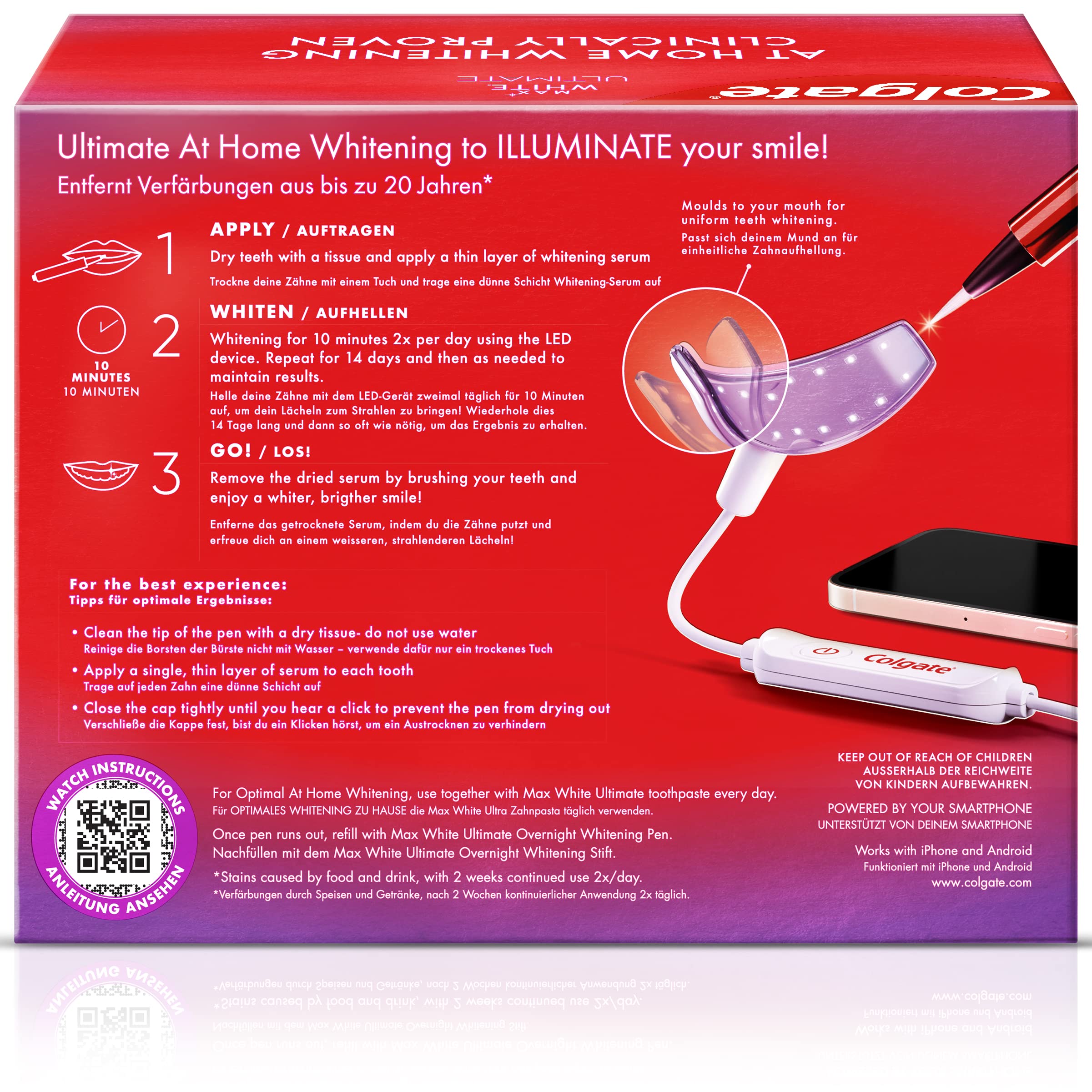 COLGATE - Kit Blanchiment Dentaire Max White à Domicile, Respecte l'Émail, Élimine Jusqu'à 20 Ans de Taches, Sérum blancheur et Lumière LED Alimentée par Smartphone