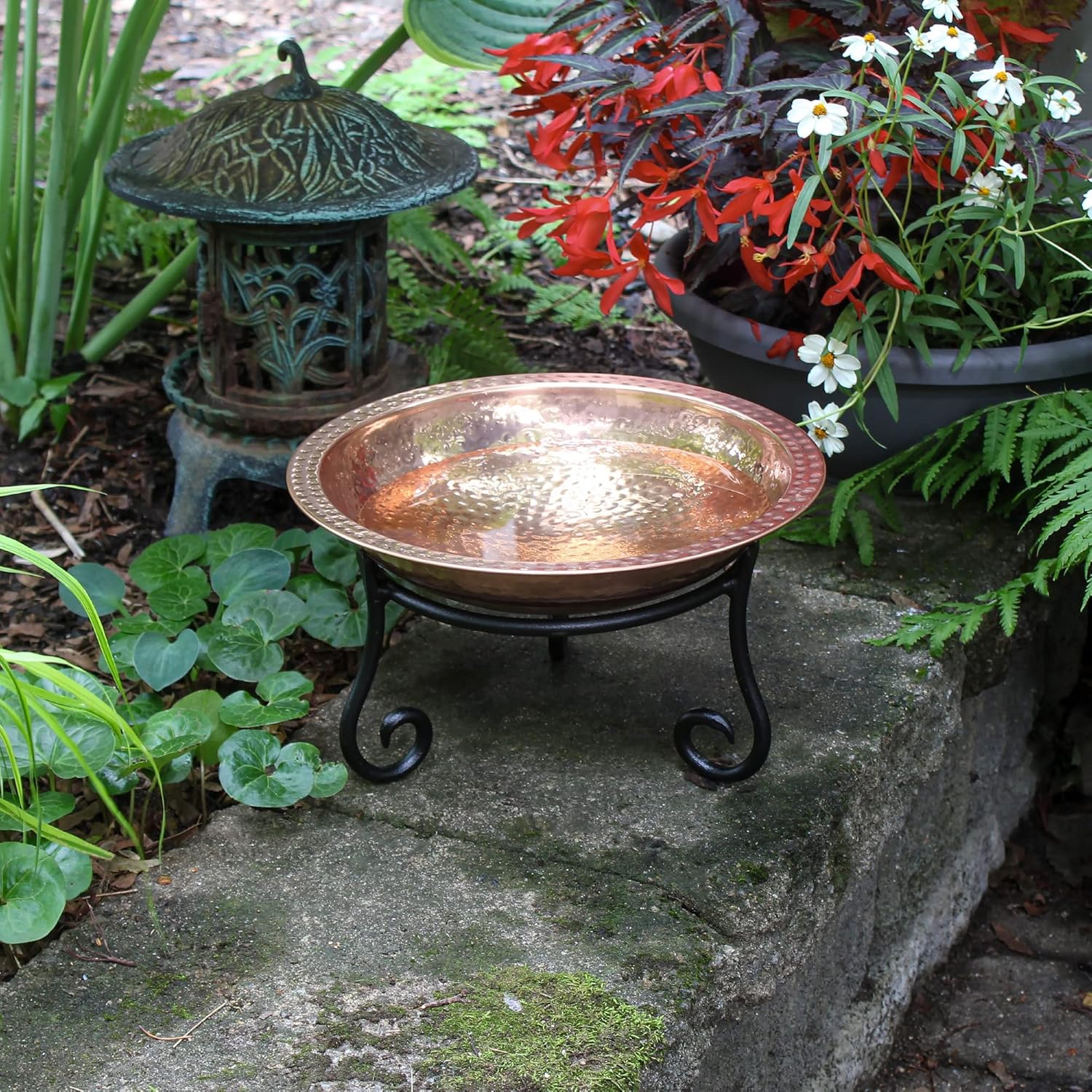 Achla Designs 201-7015 Hammered Short Stand Birdbath, Polished Copper Plated
