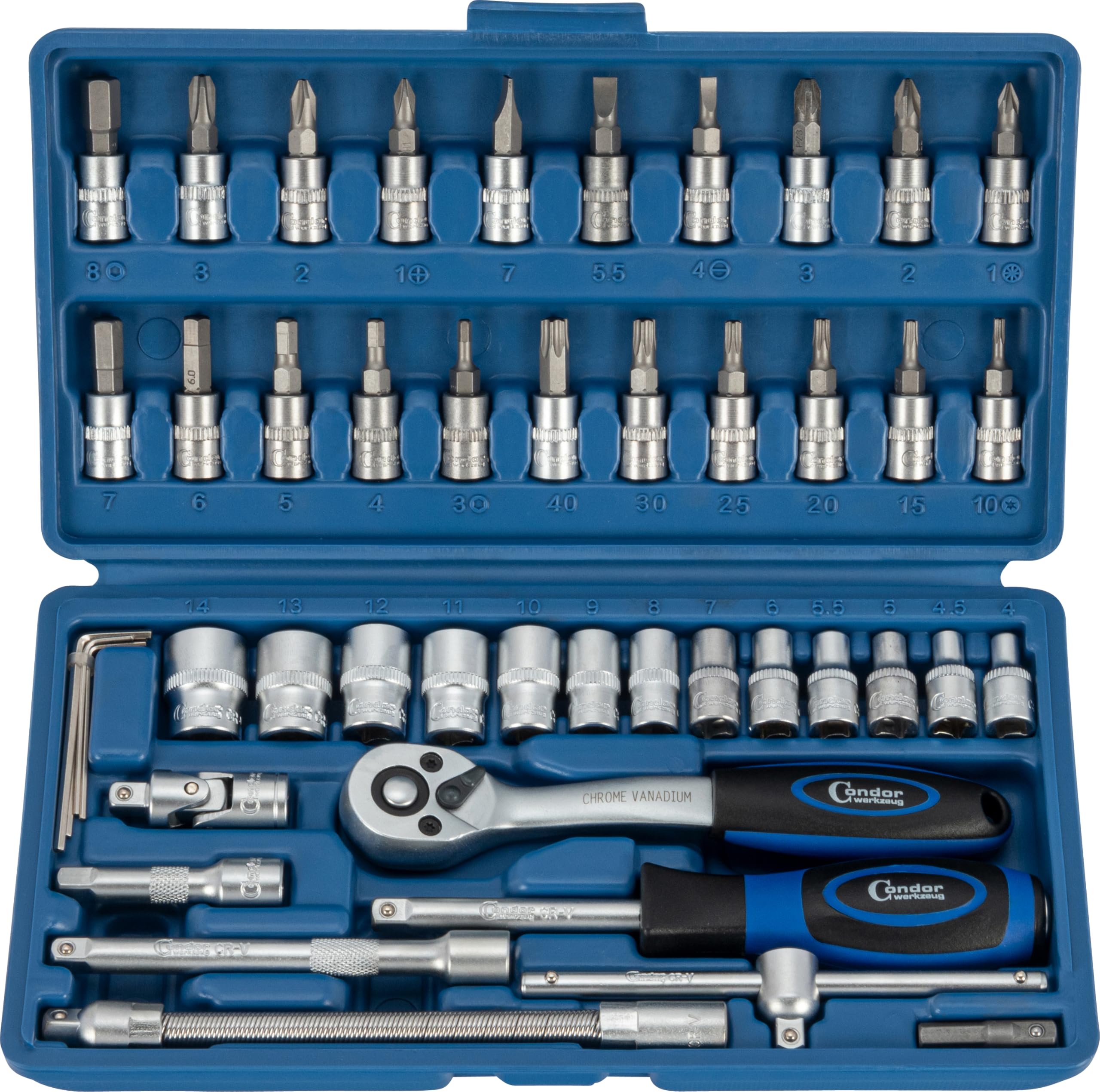 Condor Werkzeug 1046 - Juego de llaves de vaso (46 piezas, 1/4", 6 cantos, 4-14 mm, caja de carraca con carraca, herramientas profesionales para taller y bricolaje