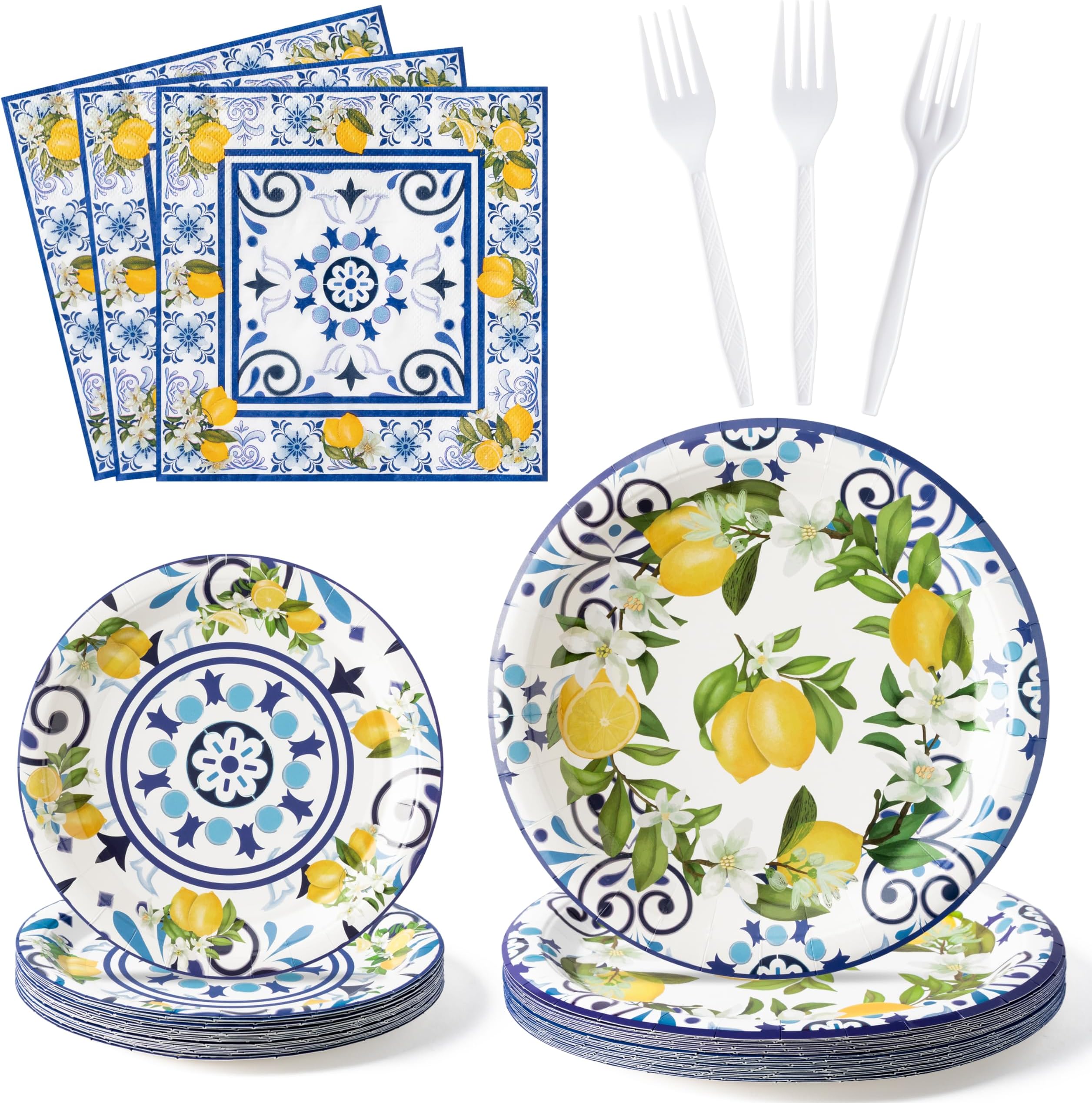 G1ngtar 96Pcs Capri Plates Supplies Blue Tiles Yellow Tableware Decorations Summer Citrus Fruit Disposable Paper Plates Napkins Forks for Kids Birthday Baby Shower, Serves 24