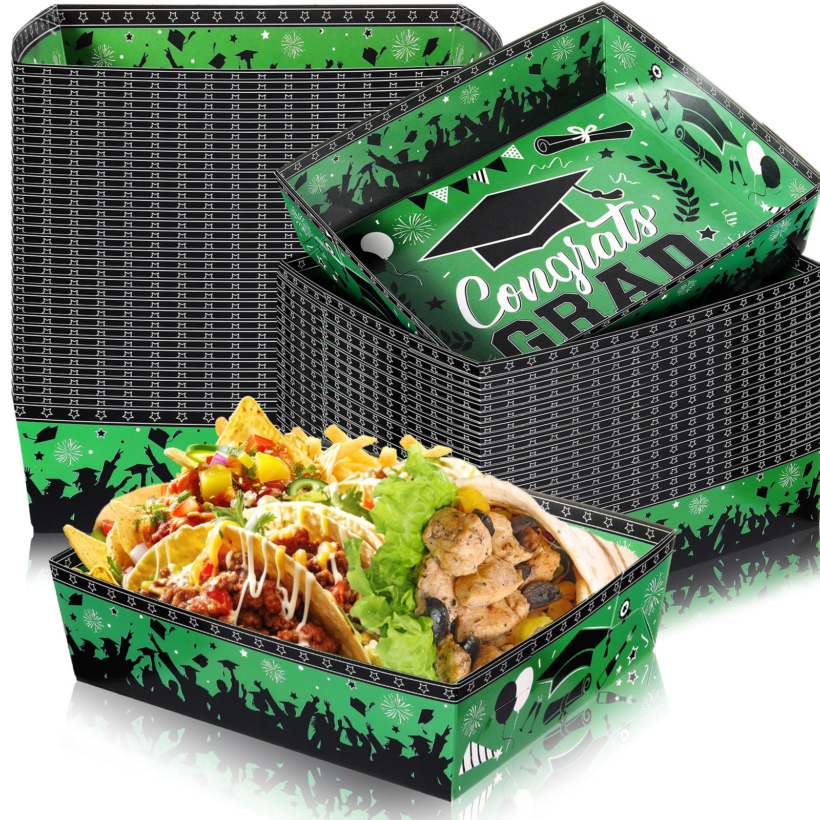 Tenceur 36 Pcs 2026 Green Graduation Paper Food Trays 5 lb Large Grad Dessert Plates Disposable Serving Boats for Party Supplies