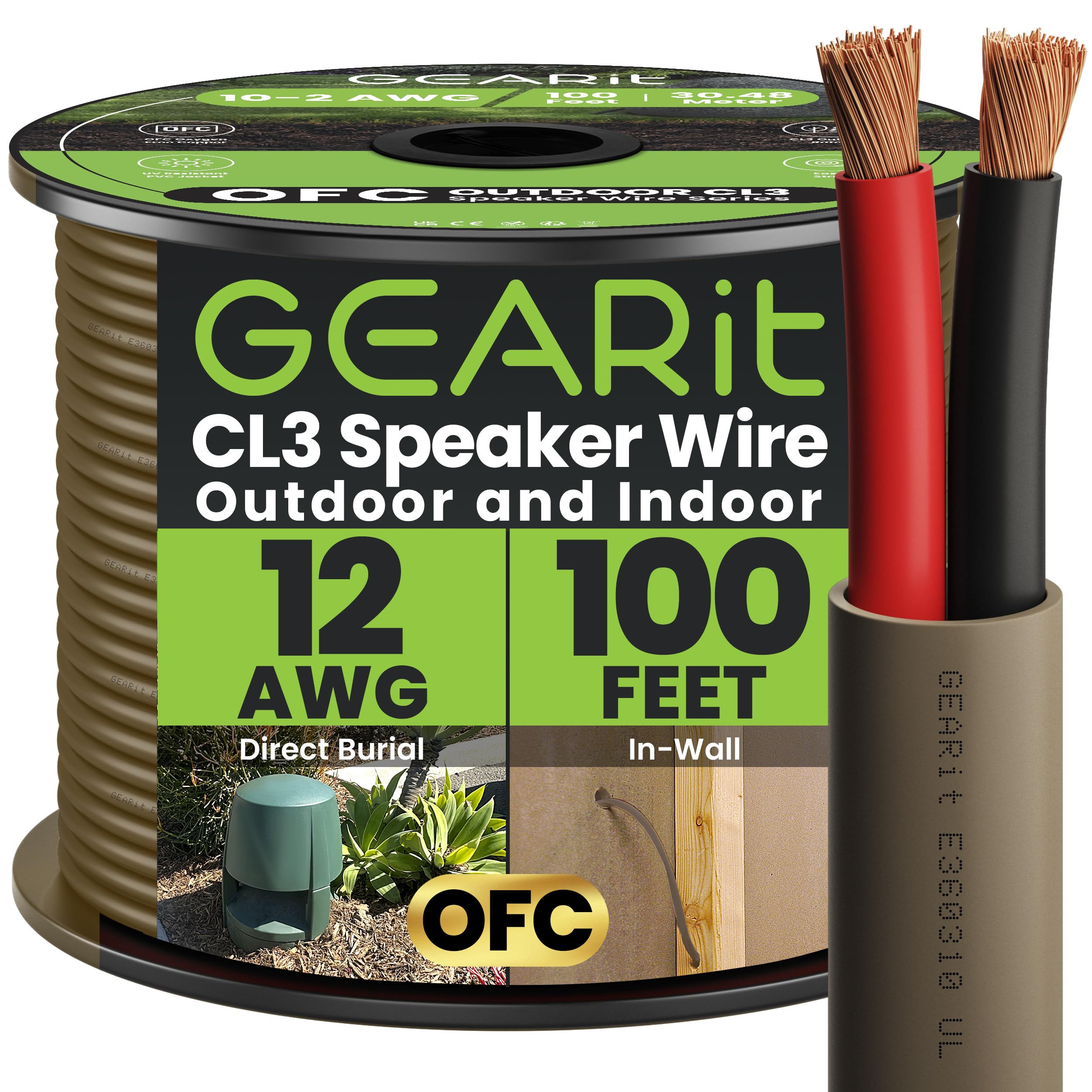 GEARit Outdoor Speaker Wire CL3 Rated, 12 Gauge Speaker Wire, Speaker Cable 100 ft for Outdoor Speakers, Patio, Garden, Backyard Audio, Direct Burial in Ground/in Wall, OFC (Brown, 2-Conductors)