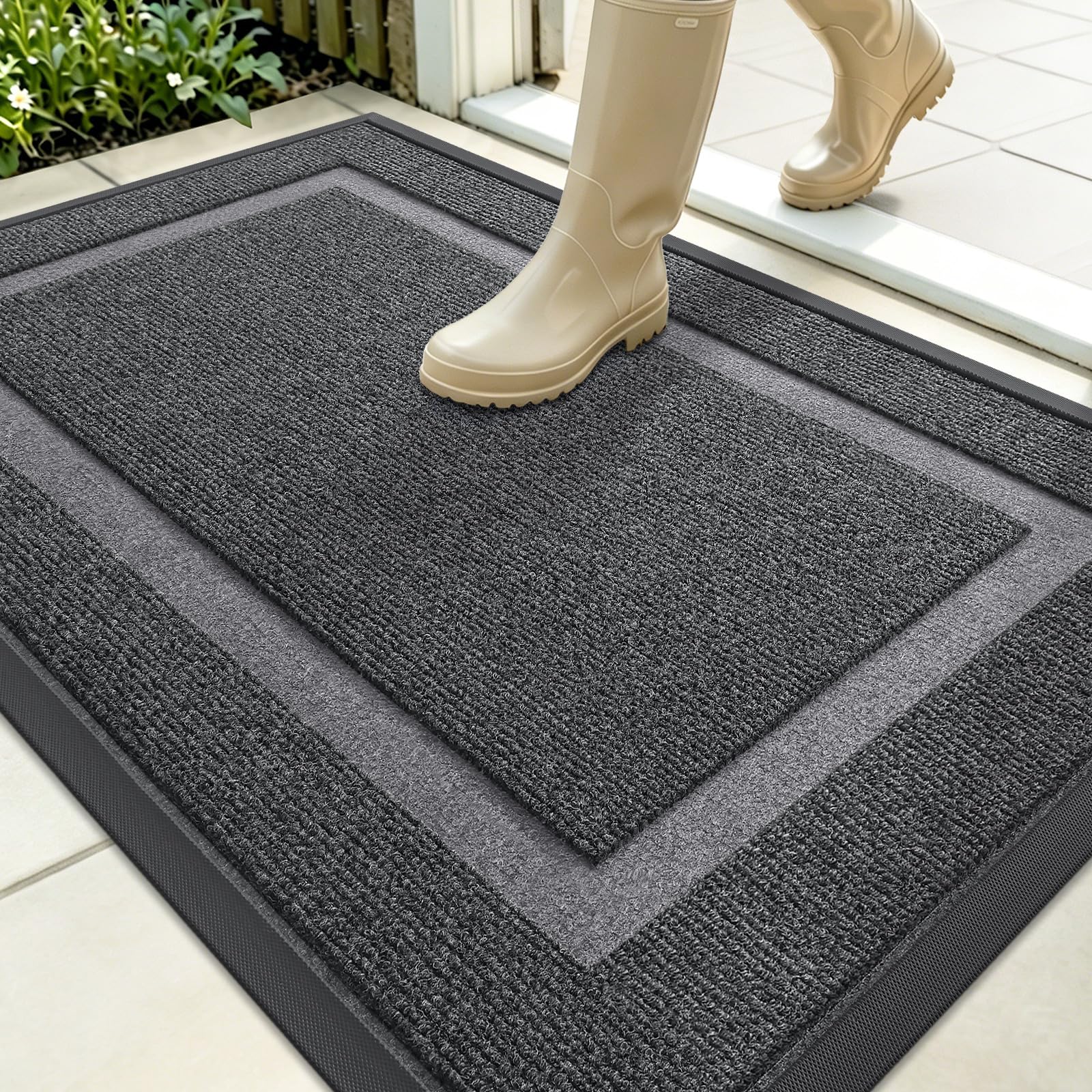 OLANLY Front Door Mat Outside 35x23, All-Season Heavy-Duty Rubber Doormat | Grey, Absorbent, Stain and Fade Resistant, Waterproof Non-Slip Backing, Low-Profile Indoor Outdoor Floor Mat for Entryway