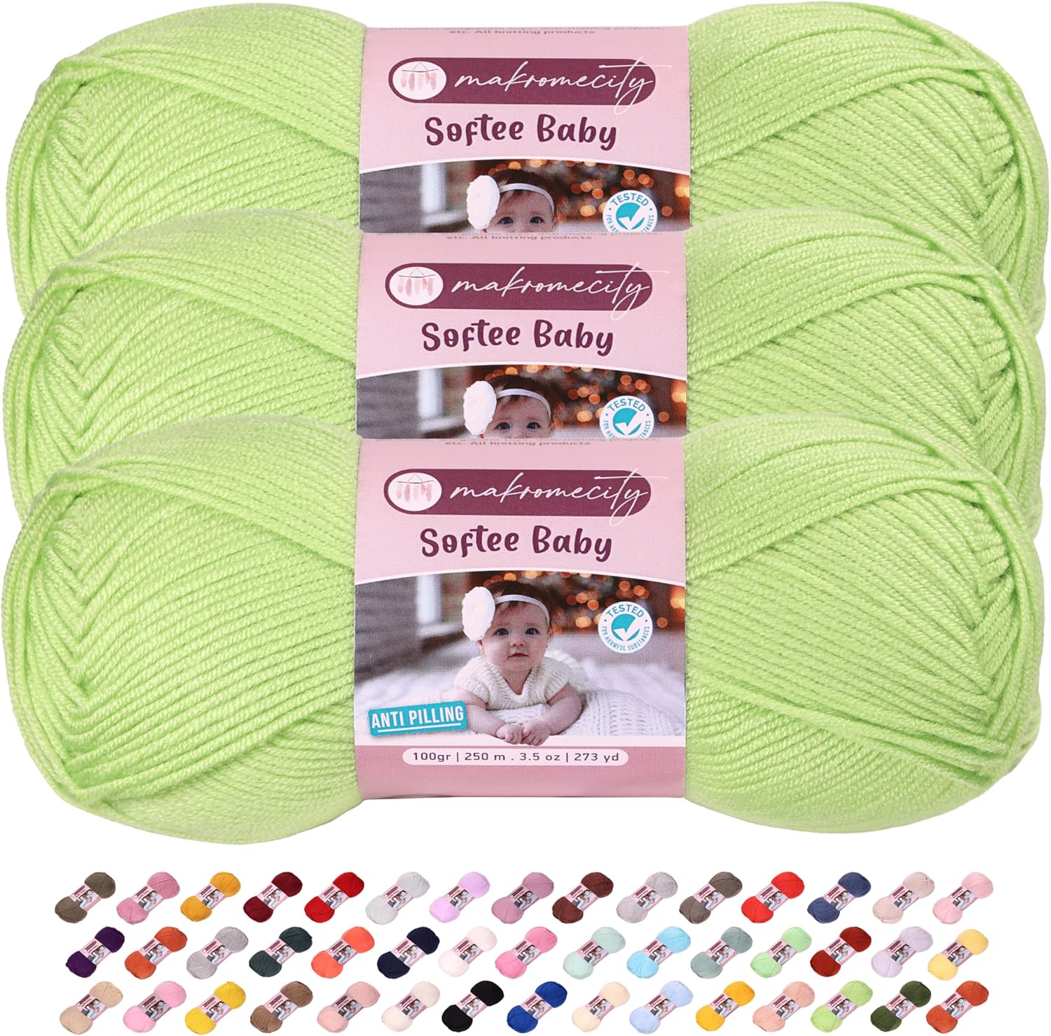 3 Skeins of Makromecity Softee Baby Yarn,%100 Premium Anti-Pilling Acrylic, 3.5 Oz, 273 yd (100gr/250 mt) Each, Soft Yarn for Crocheting and Knitting (Light Pistachio, 3 Skeins)