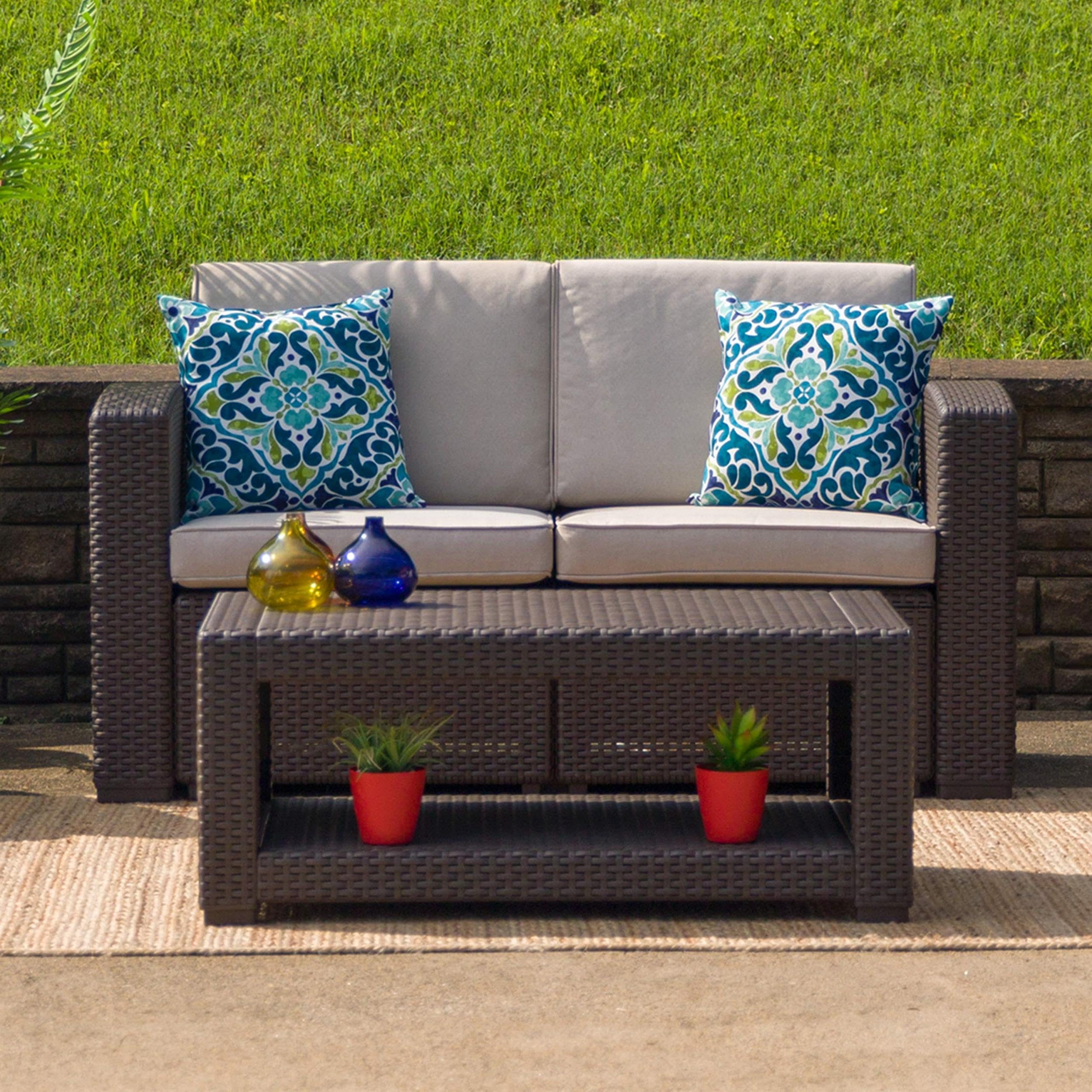 Flash Furniture Divanetto Seneca in finta rattan marrone cioccolato con cuscini beige resistenti a tutte le condizioni atmosferiche