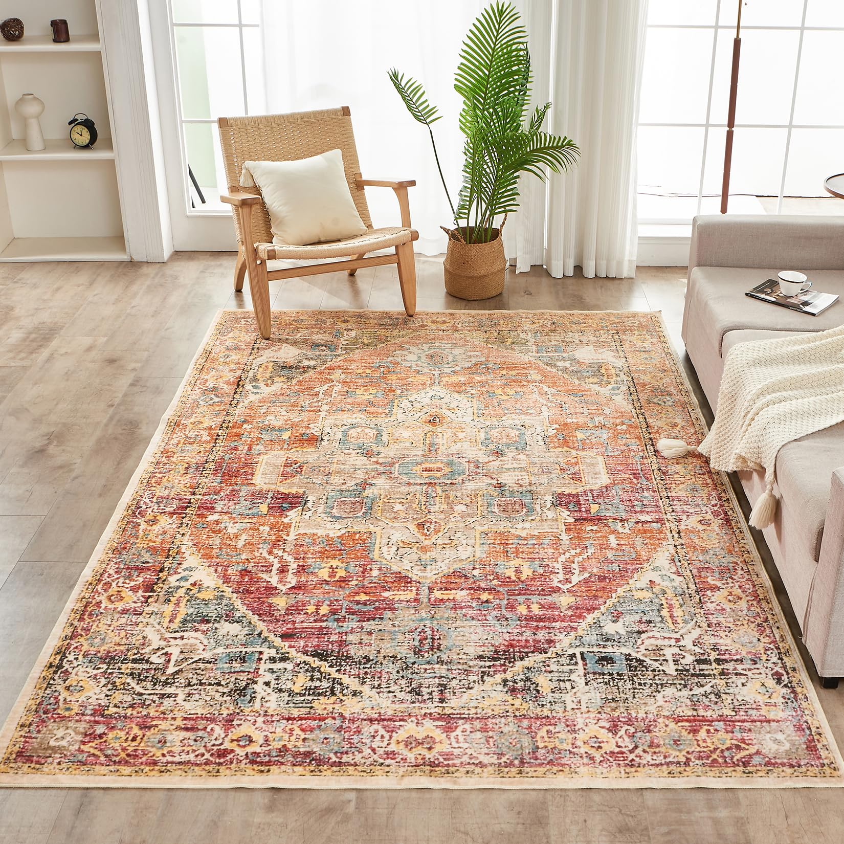 INGEROOM 8x10 Area Rug Washable Boho Rug Area Rug Non-Slip Non-Shedding Faux Wool Vintage Rug 8x10 Large Home Decor for Entryway Bedroom Living Room Office Kitchen Printed Indoor Accent Rugs