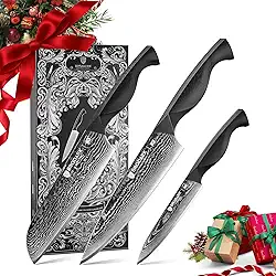 BRODARK Conjunto de facas de damasco 3 peças: conjunto de facas de cozinha afiadas de damasco, facas de chef japonesas profissionais com cabo ABS ergonômico completo para casa, restaurante (série Dark
