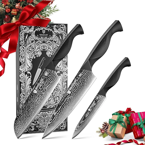 BRODARK Conjunto de facas de damasco 3 peças: conjunto de facas de cozinha afiadas de damasco, facas de chef japonesas profissionais com cabo ABS ergonômico completo para casa, restaurante (série Dark