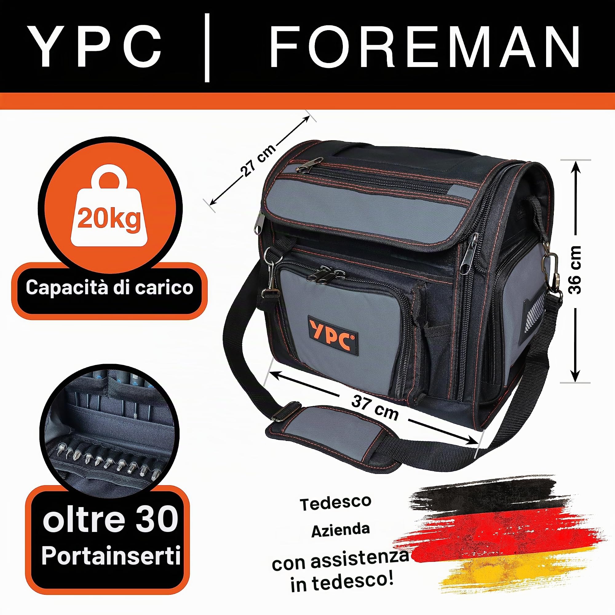 YPC Foreman – Borsa porta attrezzi XL, grigio-nero, 37x36x27cm, capacità di carico 20 kg