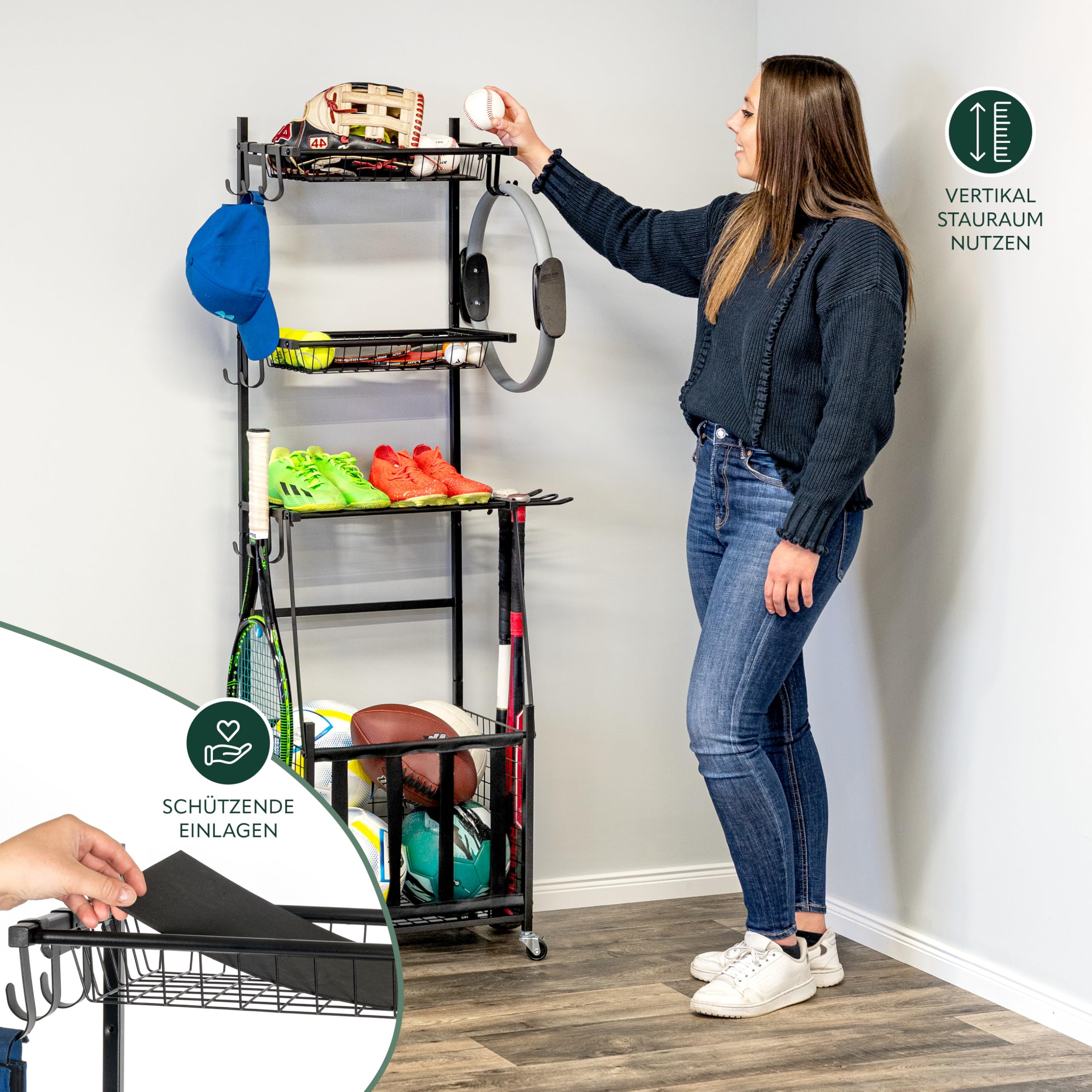 eluno Sportger�tewagen mit stabilen Ablagefl�chen, K�rben und Haken, Fitnessger�te-Organizer f�r B�lle, Baseballschl�ger, aus schwarzem Stahl