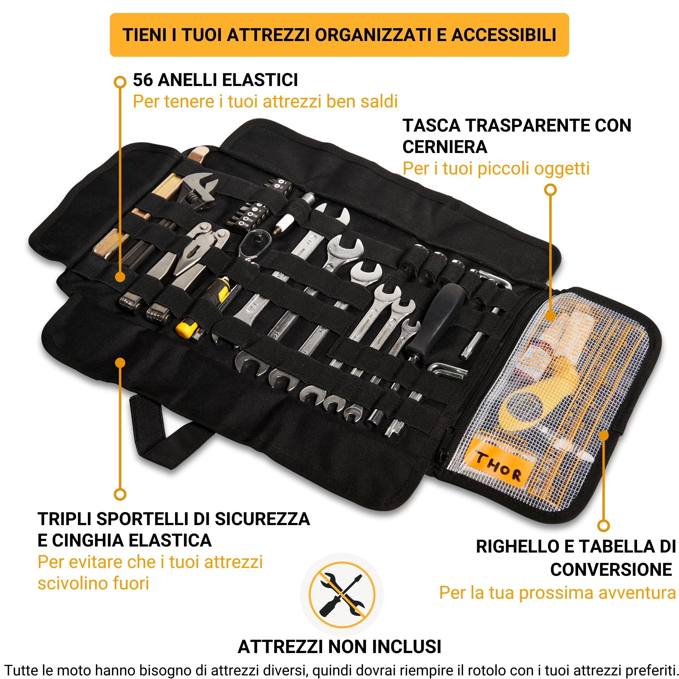 ODINSBERG Borsa Porta Attrezzi Moto Arrotolabile - Attrezzi NON Inclusi - Borsello Moto con 56 Elastici, Tasca, Sistema MOLLE e Doppia Chiusura per Proteggere e Organizzare il Kit di Attrezzi