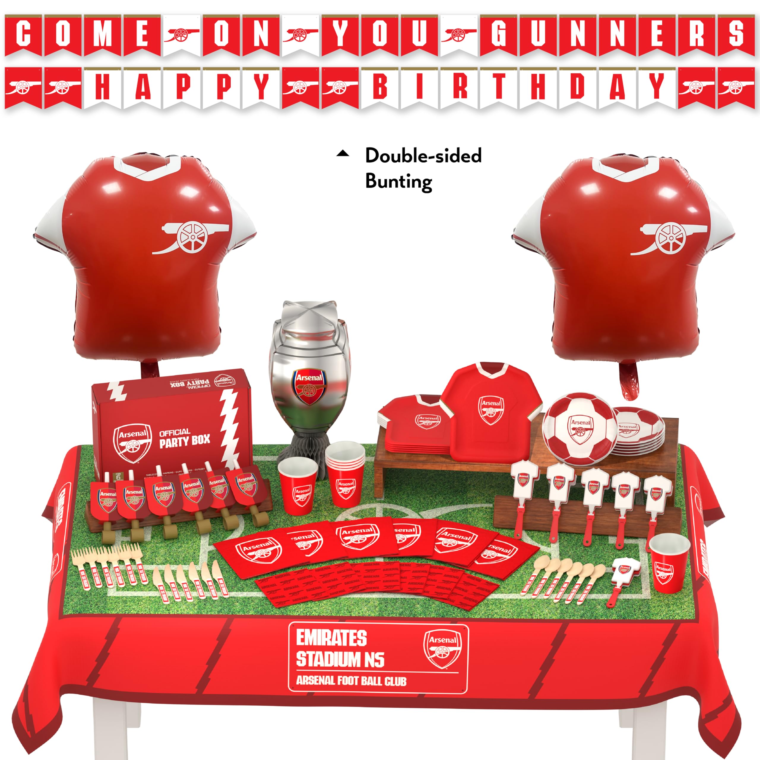 Arsenal FC Coffret de Fête Officiel 77 Pièces | Kit Tout-en-Un pour 6 Invités avec Vaisselle Jetable, Ballons Maillot, Décorations & Accessoires | Idéal Matchday & Anniversaire