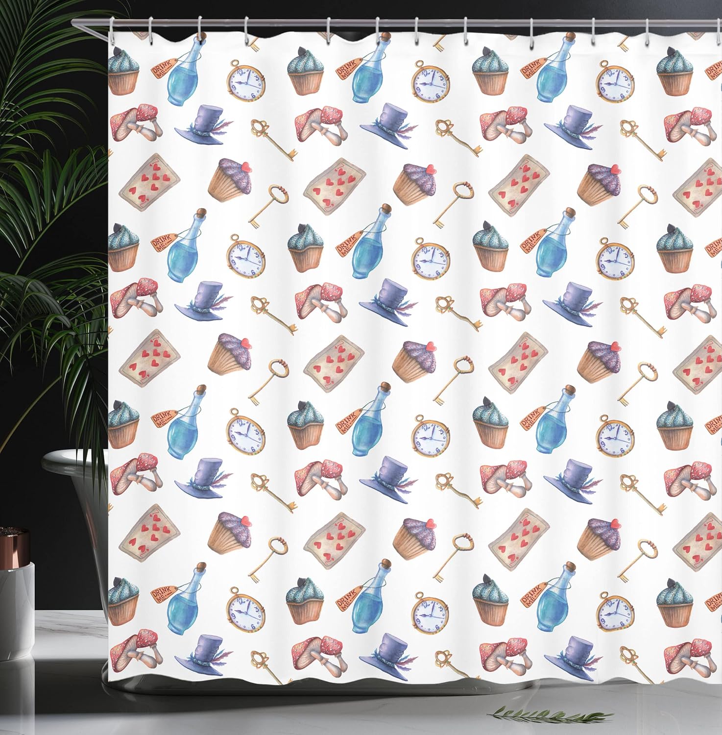 Ambesonne Alice in Wonderland Shower Curtain, Cupcakes Mushrooms and Bottles Hanging in Sky Dessert Print, Cloth Fabric Bathroom Decor Set with Hooks, 69" W x 70" L, Blue Red