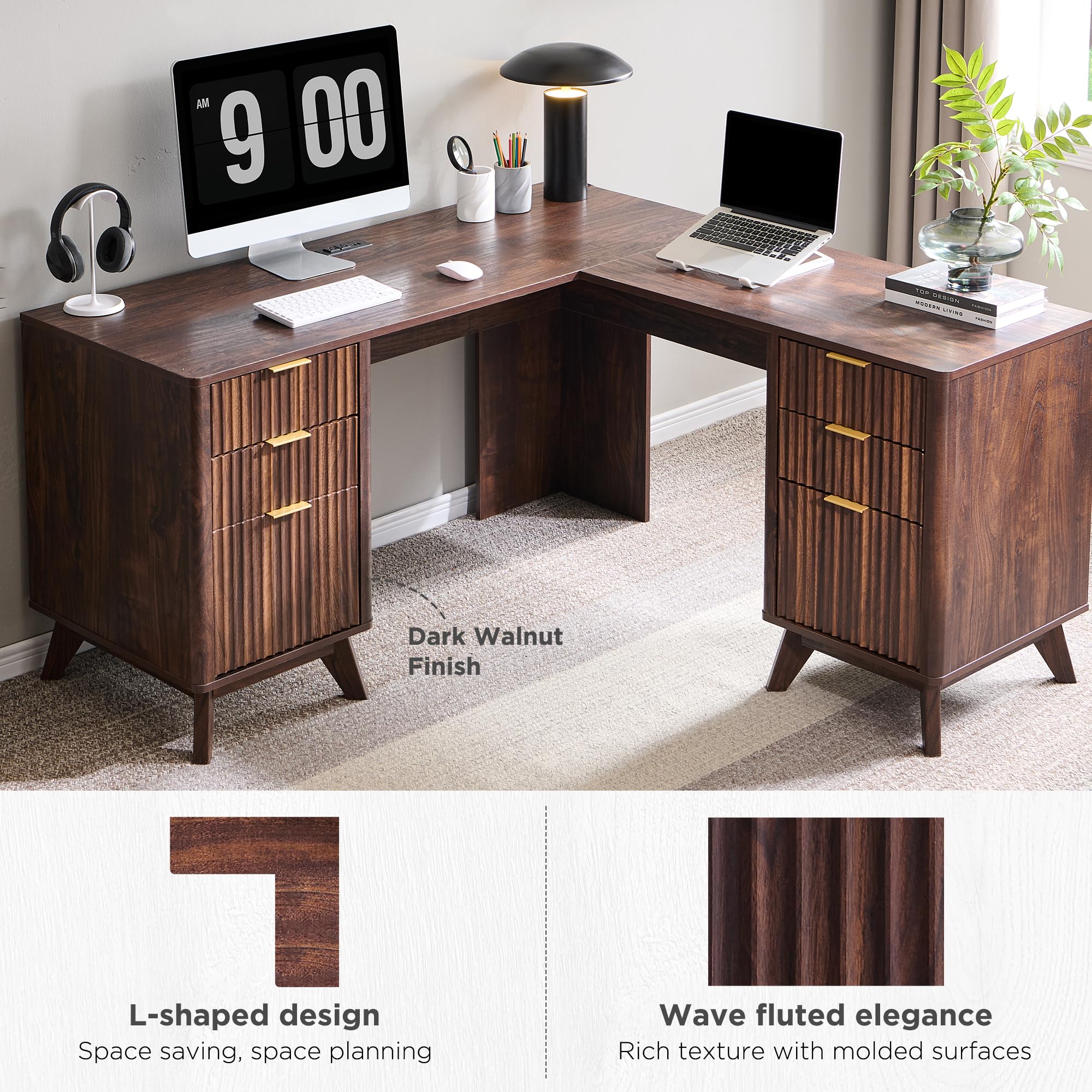 T4TREAM 60'' Fluted Executive L Shaped Desk, Modern Home Office Desk with Charging Station and File Drawer, Computer Corner Desks with Drawers & Storage Cabinet for Office Home, Bedroom, Natural Oak: Dark Walnut