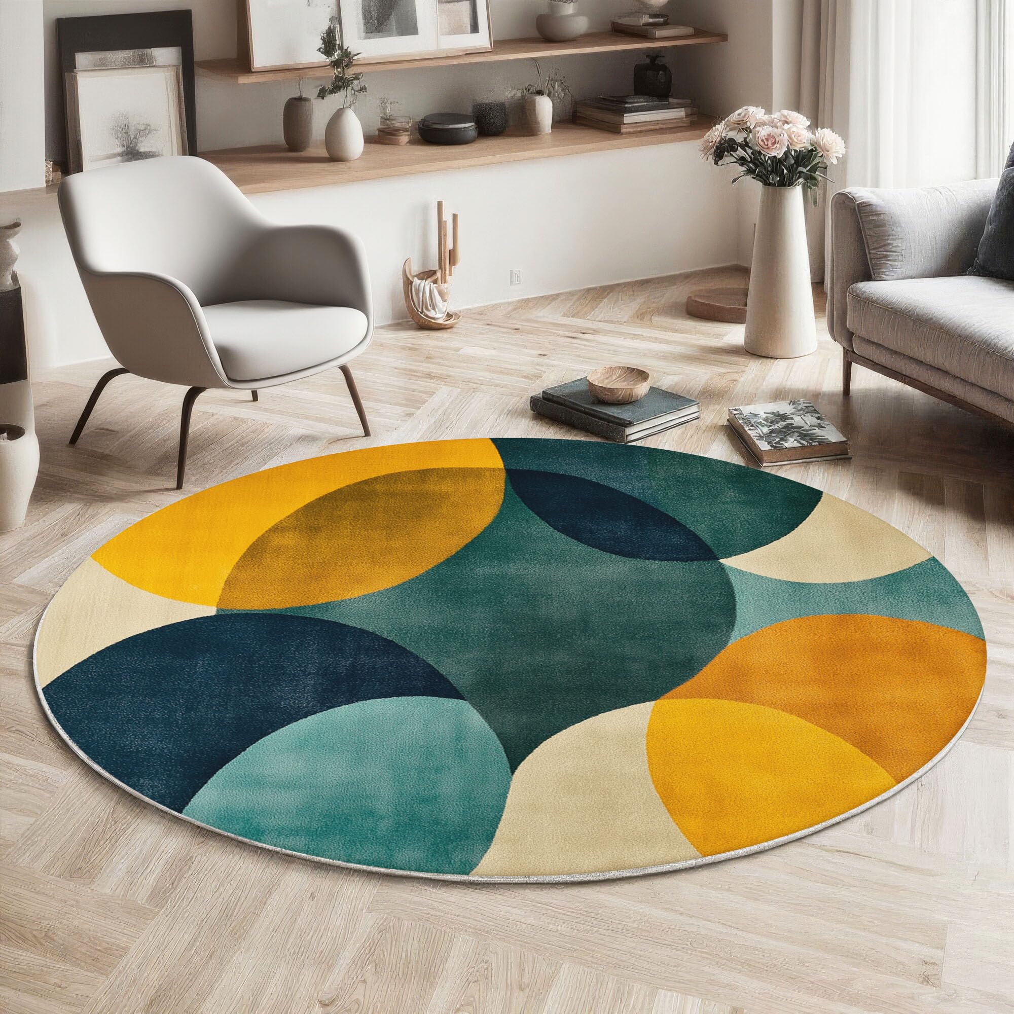 Modernismus Teppich Rund 100cm rutschfest Teppiche Wohnzimmer Geometrische Kreise Waschbar Teppiche Kurzflor Weich Runder Teppich Senfgelb for Wohnzimmer Schlafzimmer Studie Esszimmer
