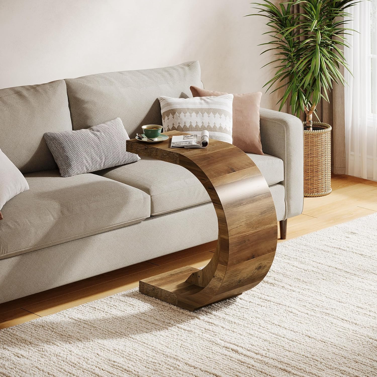 Tribesigns C-Shaped End Table in a living room setting, positioned over a sofa arm
