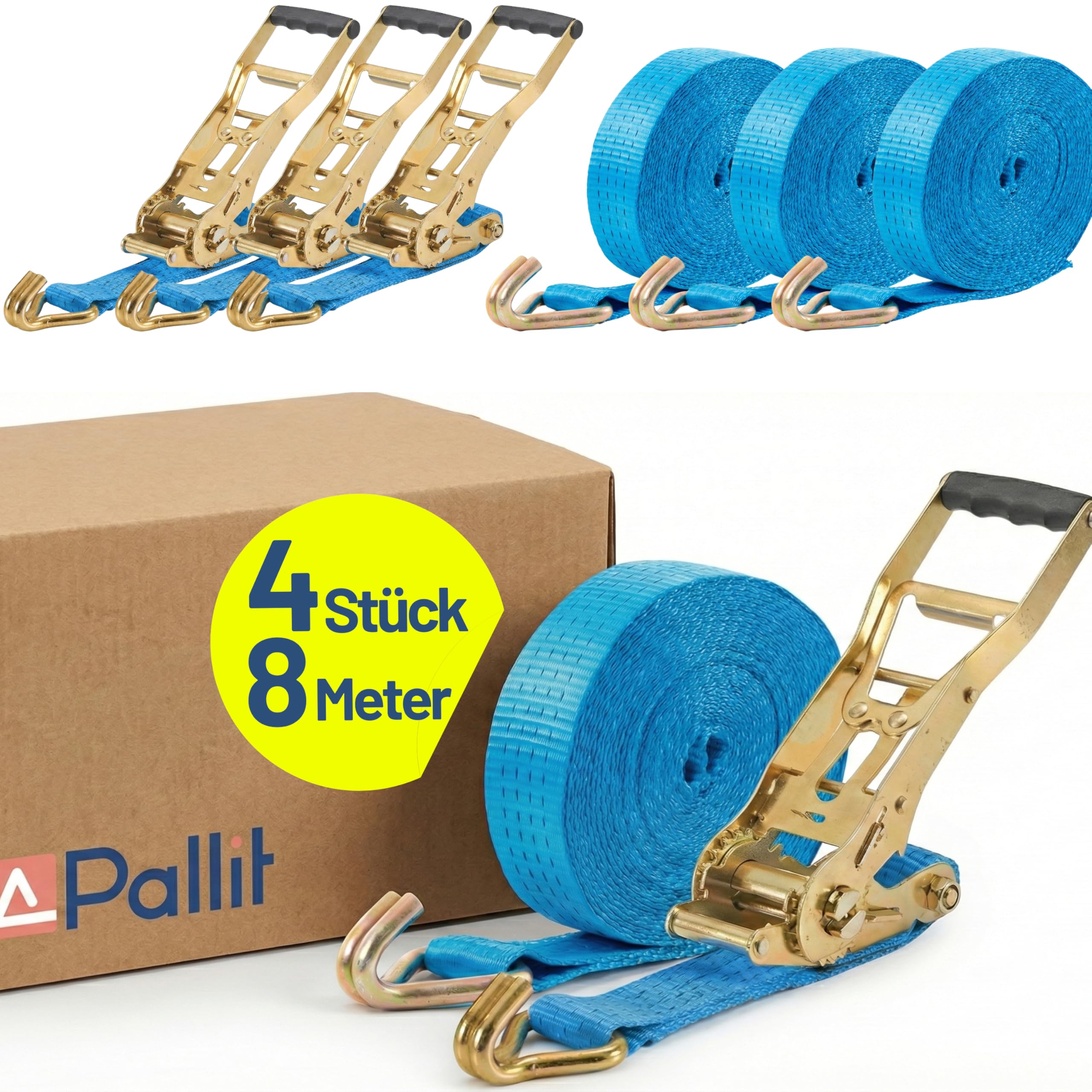 4X Spanngurt Zurrgurt mit Haken 8 m bis 5000 kg, bis 5,0 t / 5000 daN, zweiteilig 2-TLG Ratschengurt blau, 50 mm Gurtbreite