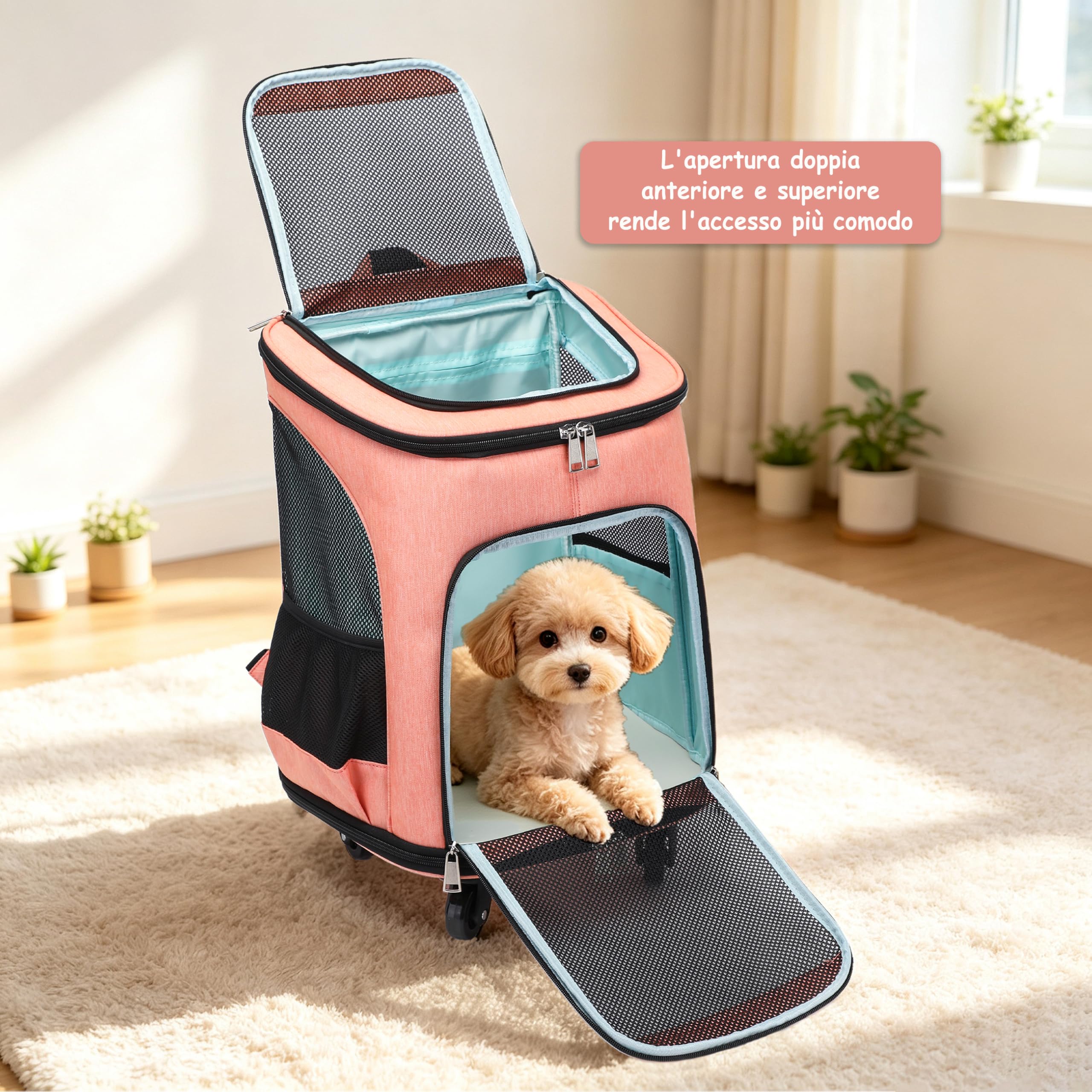Zaino Trolley per Animali Domestici Pieghevole, Trasportino Gatto Cane con Ruote, Borsa Trasporto Gatti, Borsa Multifunzione Traspirante per Cani Piccoli fino a 8kg