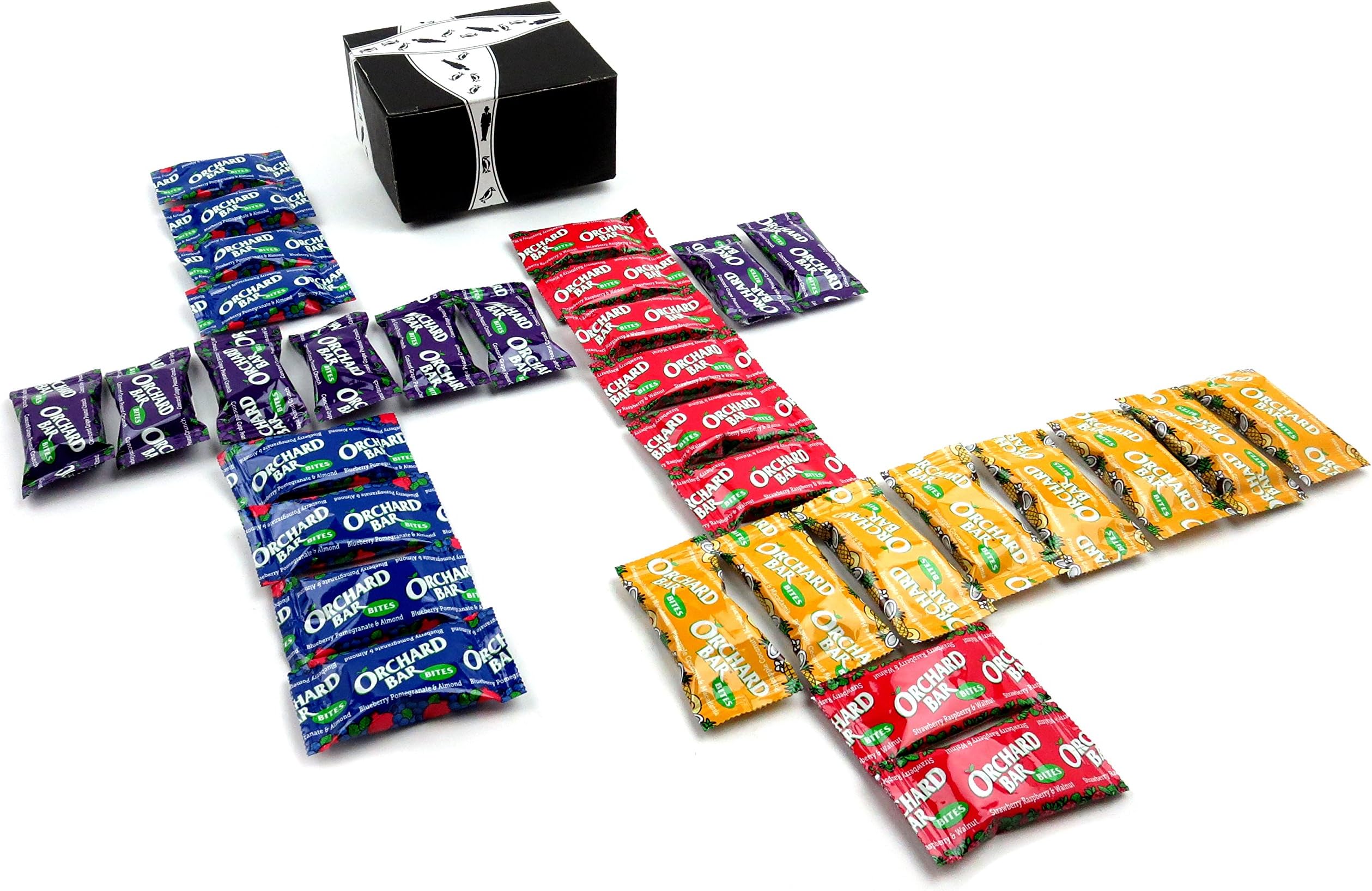 Orchard Bar Bites 4-Flavor Variety: One 1 lb Bag of Assorted Pineapple Coconut Macadamia, Strawberry Raspberry Walnut, Blueberry Pomegranate Almond, and Concord Grape Peanut Crunch in a BlackTie Box