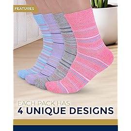 Pembrook Ankle Diabetic Socks for Women & Men - 4 Pairs Stripes (Gray, Purple, Pink, Light Blue) Moisture-Wicking, Wide Top, Quarter Non Binding Socks