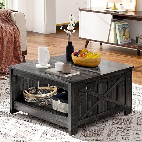 GOOBED Farmhouse Sqare Coffee Tables for Living Room with Storage, Grey Wash Coffee Table 2 Tier Spaciou Storage Shelf, Modern Center Table Small Coffee Tables, Dark Grey