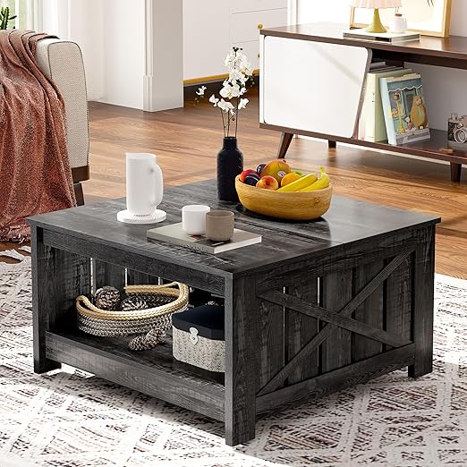 GOOBED Farmhouse Sqare Coffee Tables for Living Room with Storage, Grey Wash Coffee Table 2 Tier Spaciou Storage Shelf, Modern Center Table Small Coffee Tables, Dark Grey