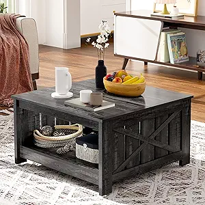 GOOBED Farmhouse Sqare Coffee Tables for Living Room with Storage, Grey Wash Coffee Table 2 Tier Spaciou Storage Shelf, Modern Center Table Small Coffee Tables, Dark Grey