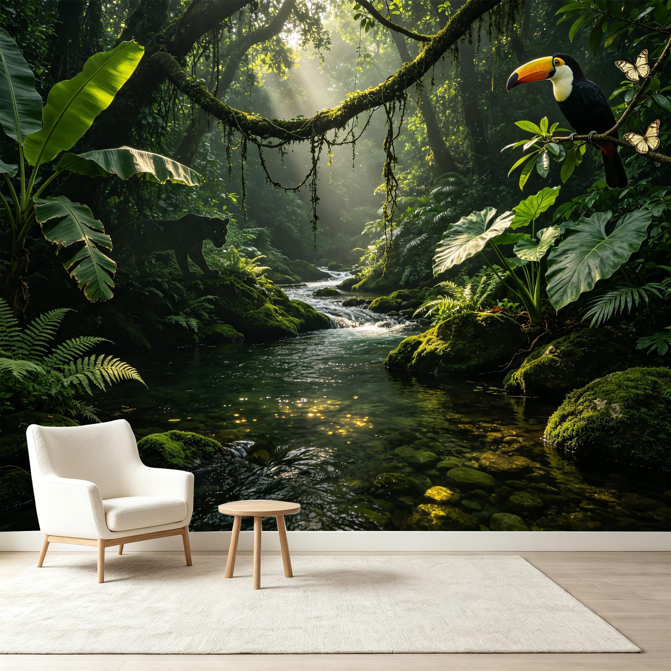 Custom Size Wall Murals Tropical Jungle Rainforest River Panther Toucan Botanical Self-Adhesive Wall Fabric Removable Wallpaper Wall Decor for Living Room Bedroom Bathroom