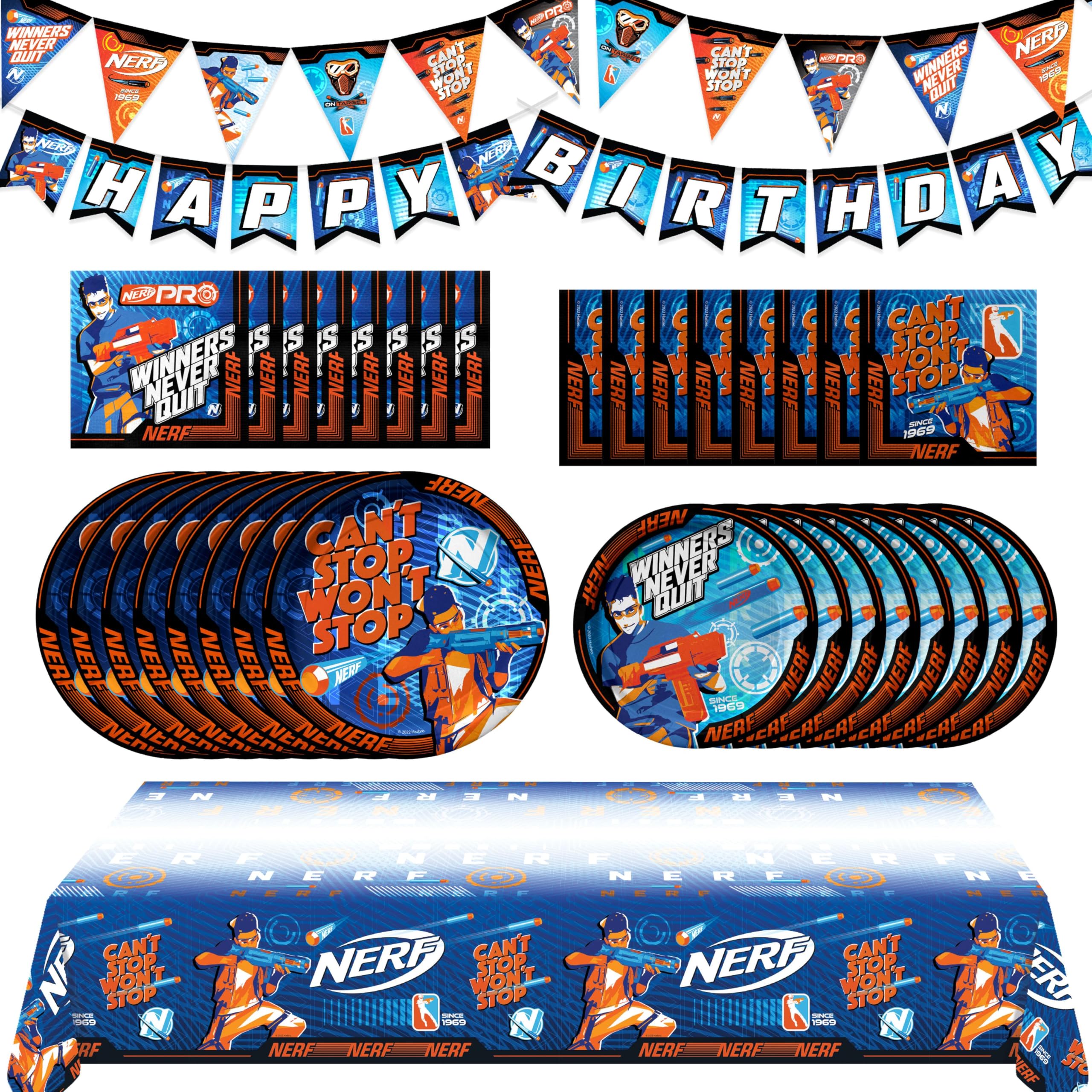 Treasures Gifted Officially Licensed Nerf Party Supplies - Serves 16 Guests - Complete Set Nerf Birthday Party Decorations - Tablecloth, Banner,