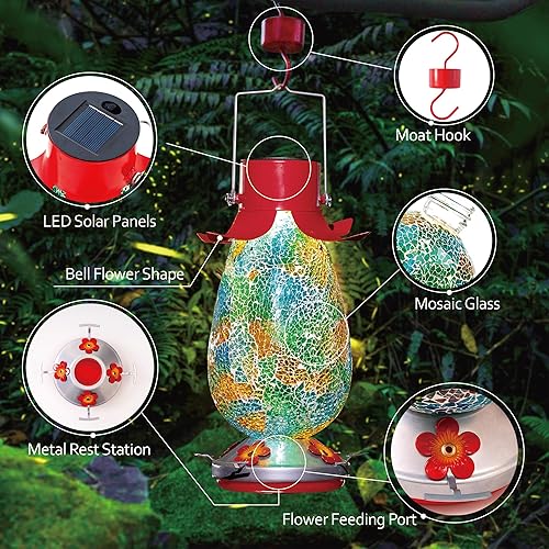 Miniatura 8 de Comedero solar LED para colibríes para exteriores, mosaico de vidrio multicolor, botella de néctar de colibrí colgante con 4 estaciones de