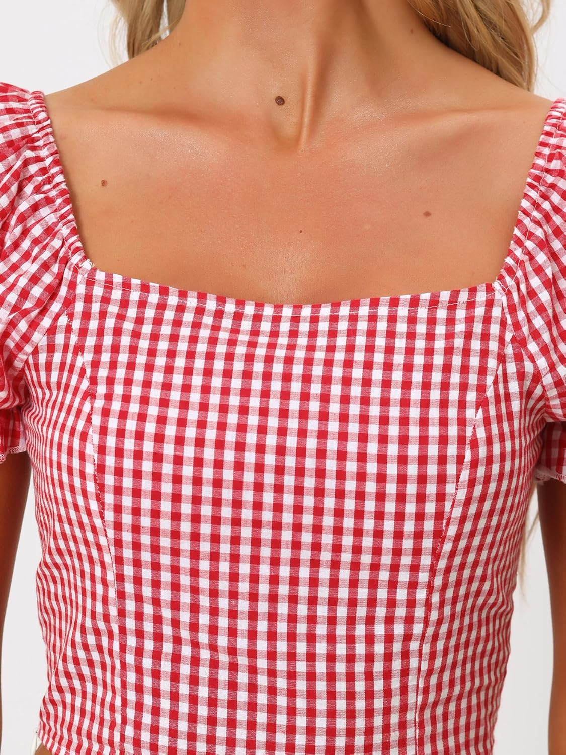 Allegra K Smocked Crop Top for Women's Bubble Sleeve Peasant Gingham Plaid Tops - Image 5