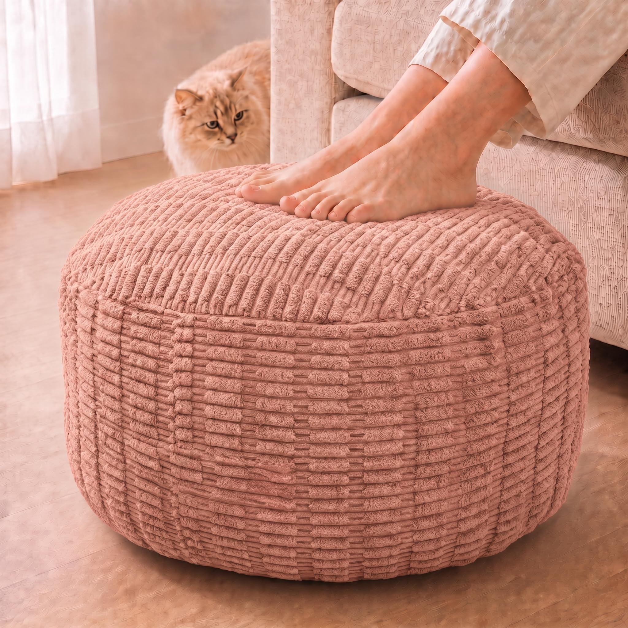 Round Pouf Ottoman, Dusty Rose, 28"x14", Corduroy Foot Rest