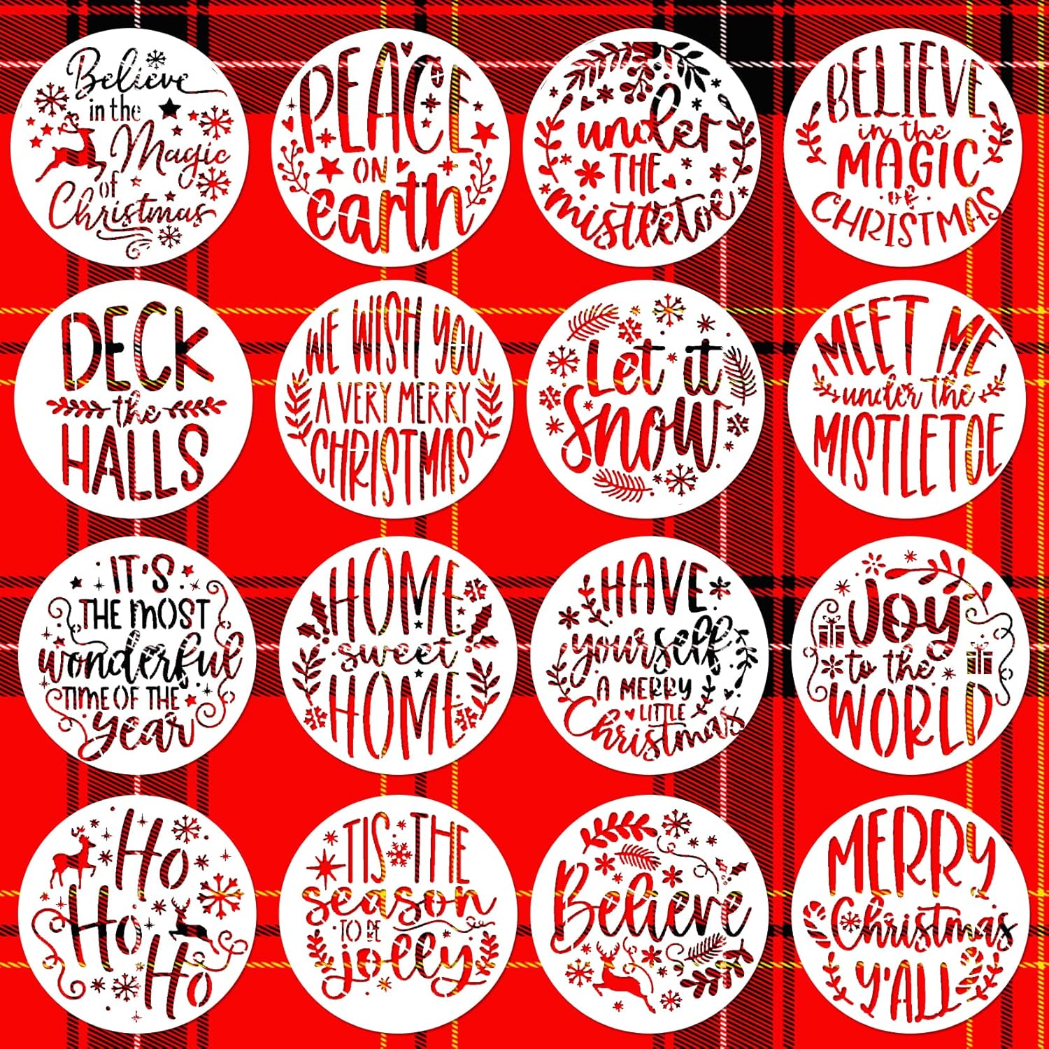 16Pcs Small Christmas Stencils for Painting on Wood, 4 Inch Round