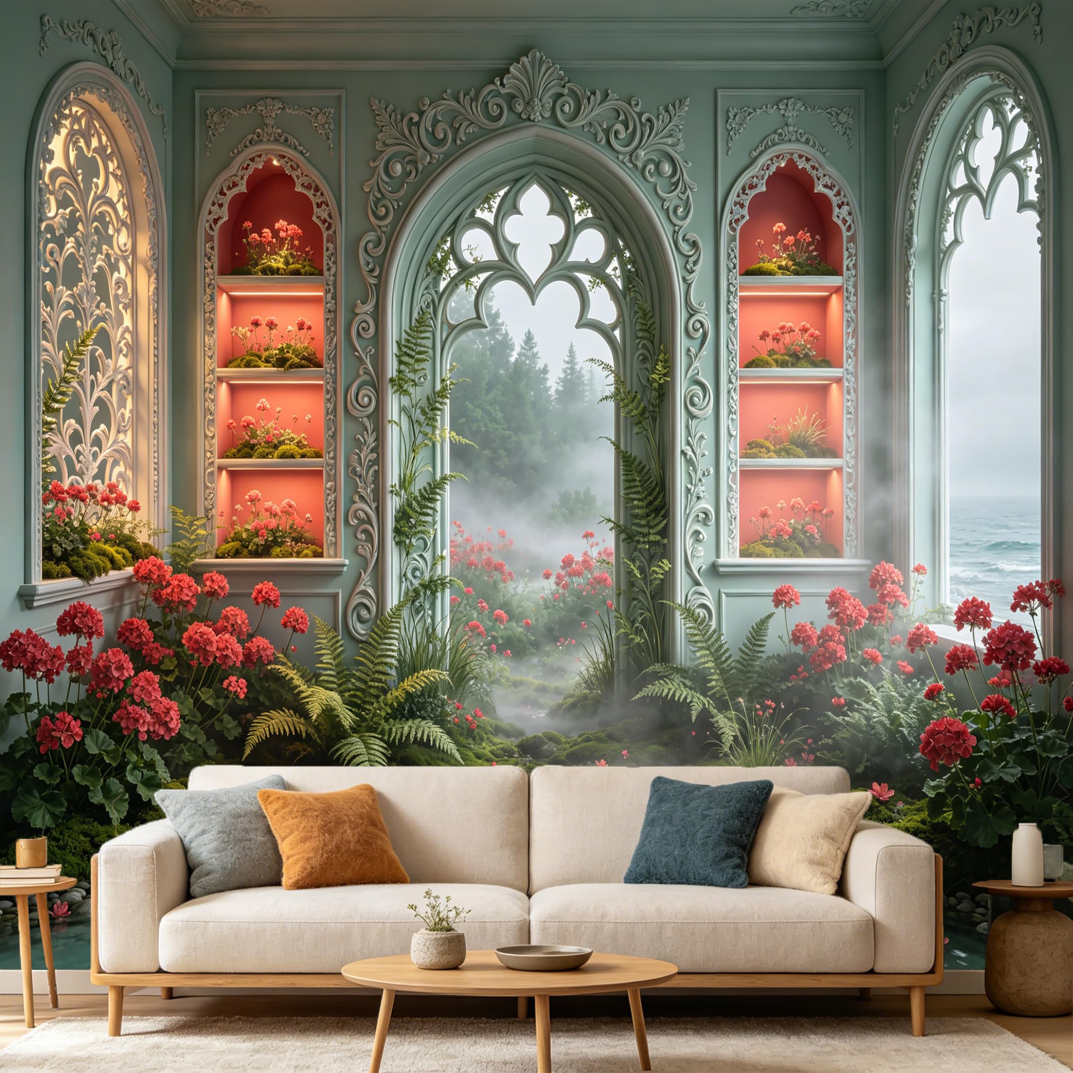 Custom Size Wall Mural， 3D Trompe L'Oeil Gothic Arch Window Botanical Forest Pond， SelfAdhesive Art Prints wall Fabric Removable Large Wallpaper Home Living Room Decor