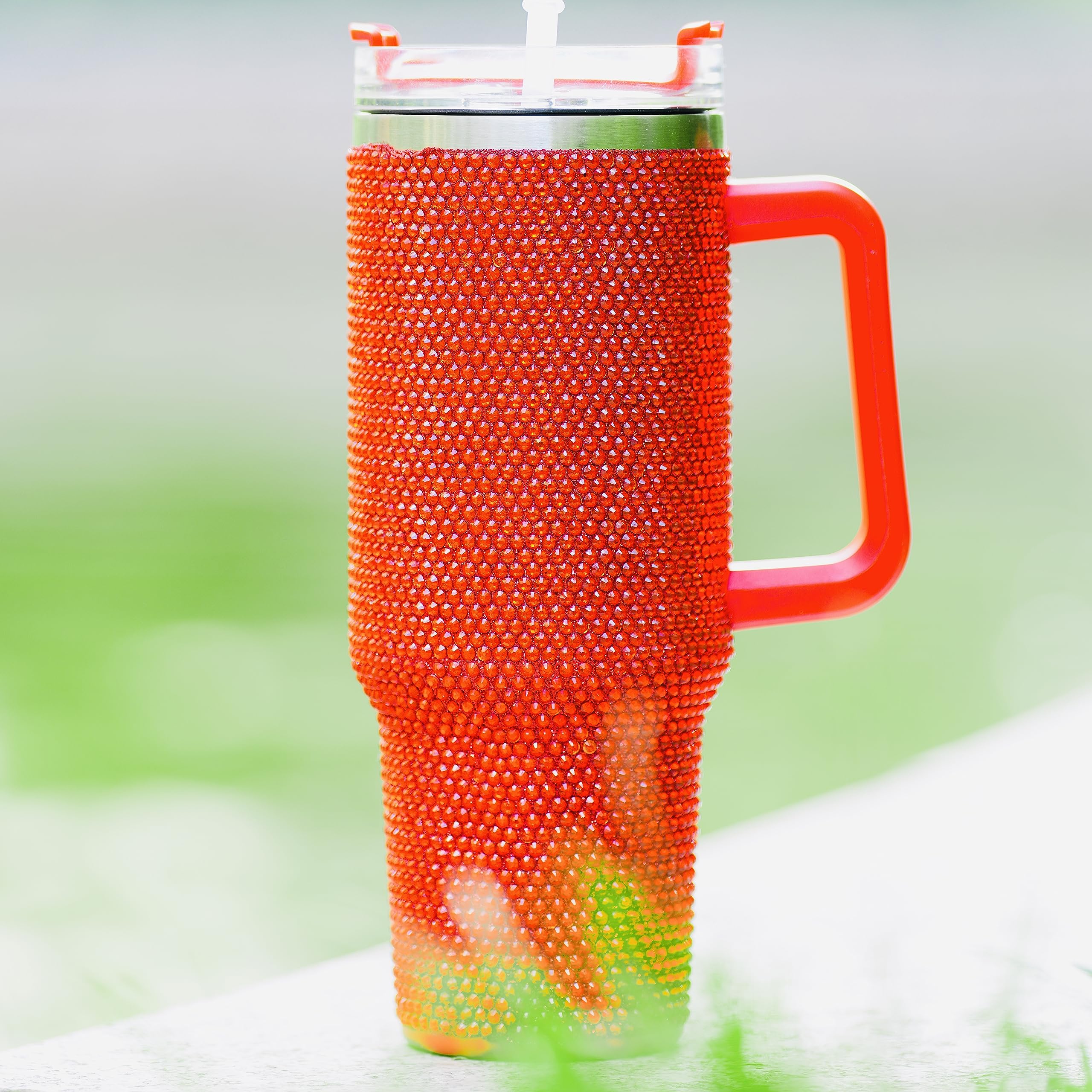 Trinkbecher mit Griff, Strasssteine, Trinkbecher mit Deckel und Strohhalm, isoliert, Edelstahl, doppelwandig, Reisebecher für Damen, 1,2 l, Rot