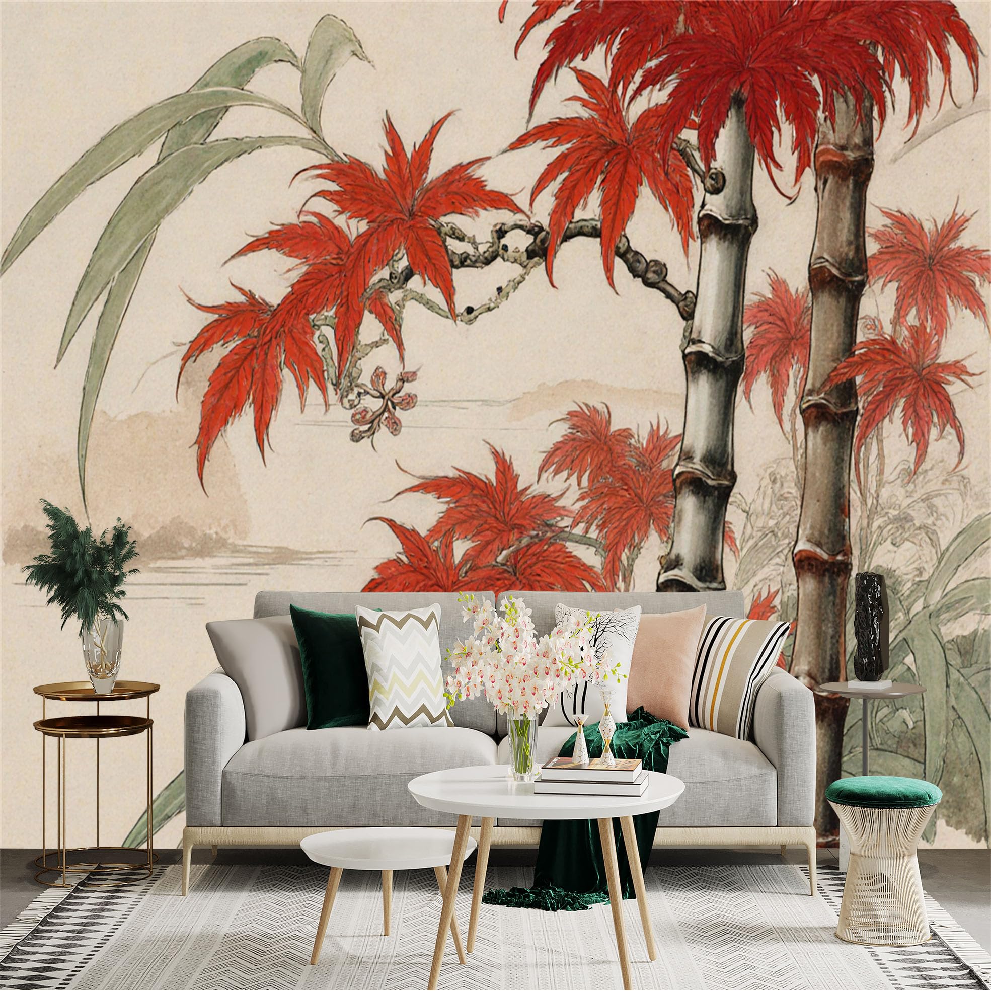Lnzczhyre Xc260505391 Custom Size Wall Sticker Mural， Traditional Chinese Ink Painting， Red Maple Leaves And Bamboo Stems， Zen Nature Landscape， For Wall Decoration， Peelandstick Wall Decals.