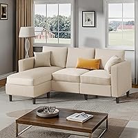 Shintenchi Small L-Shaped Sectional Sofa with Ottoman, Convertible 3-Seat Corduroy Couch for Apartments & Small Spaces (Beige)