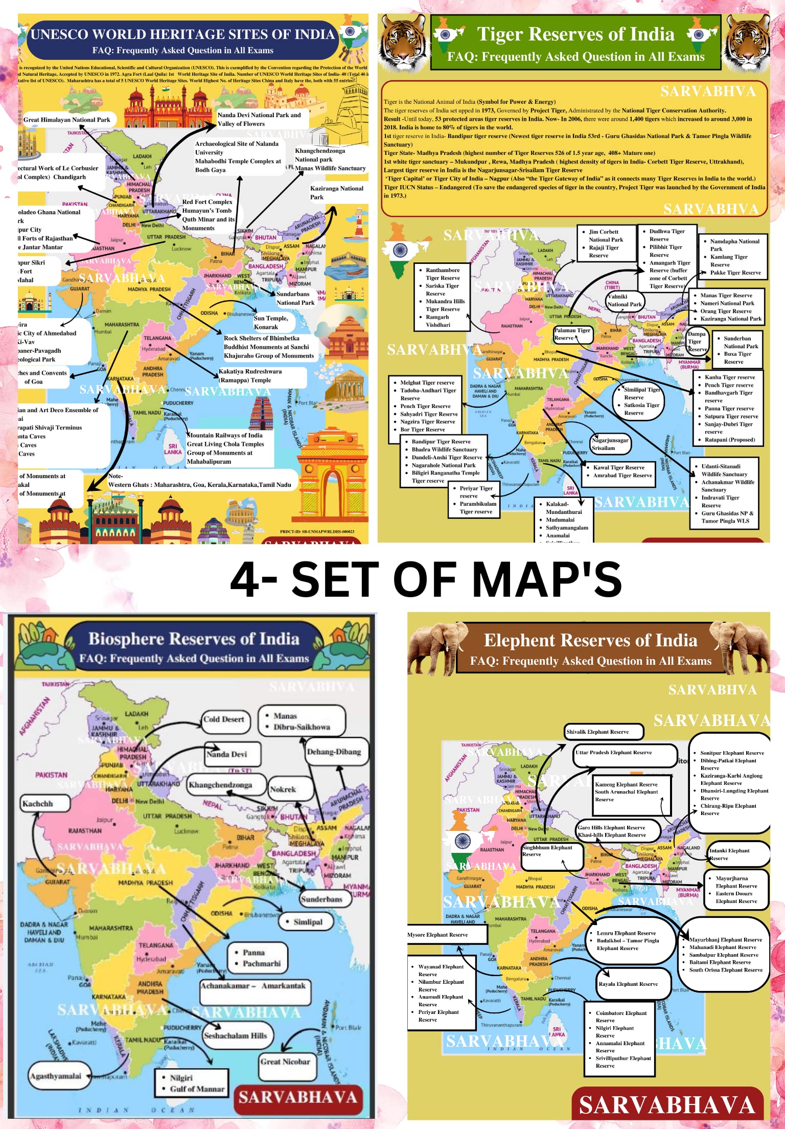 4-Maps Combo Pack 1.Unesco World Heritage Sites Of India. 2.Biosphere Reserve Of Of India 3.Tiger Reserve Of Of India . 4.Elephent Reserve Of Of India [Perfect Paperback] Perfect Paperback
